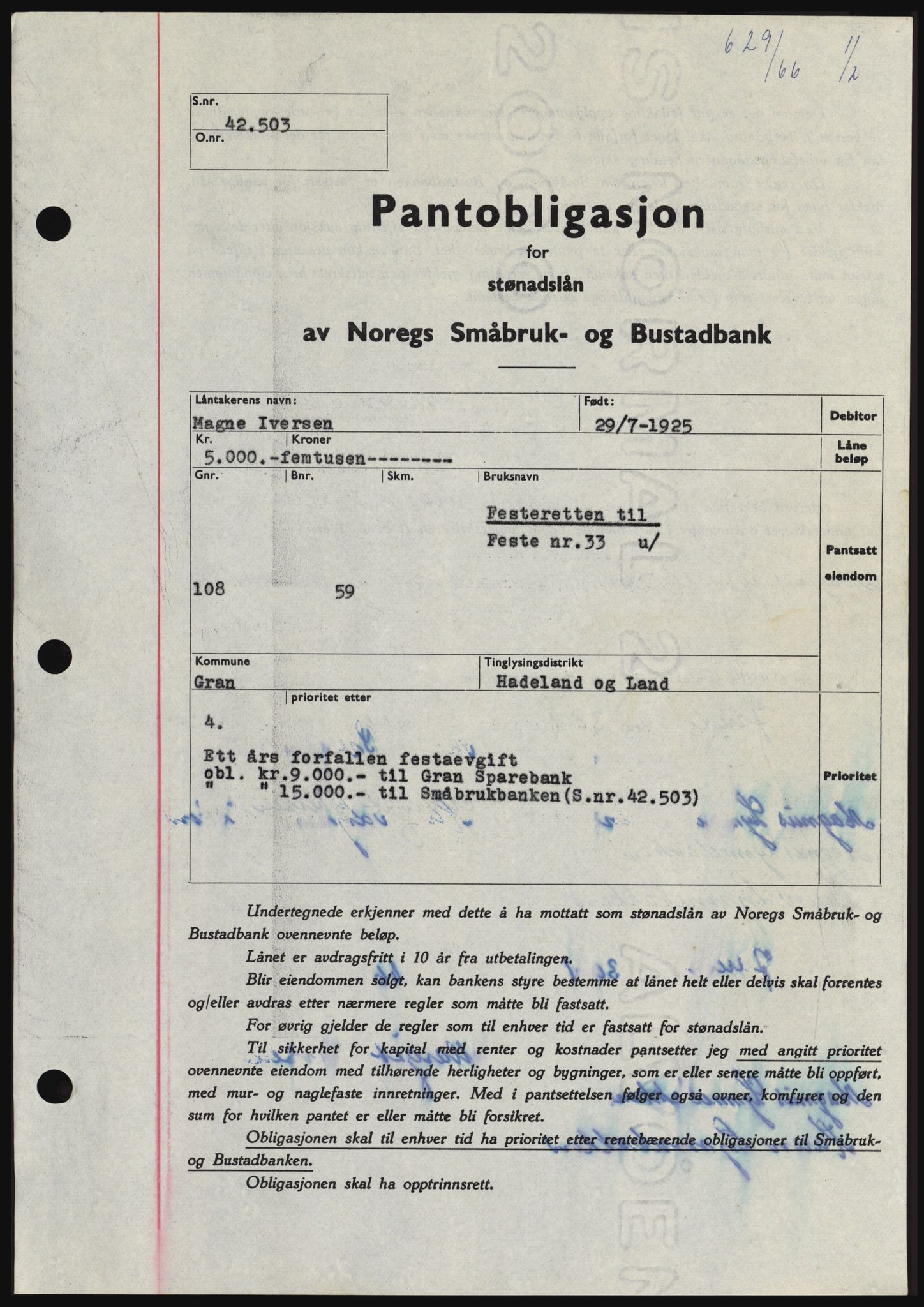 Hadeland og Land tingrett, SAH/TING-010/H/Hb/Hbc/L0061: Pantebok nr. B61, 1965-1966, Dagboknr: 629/1966