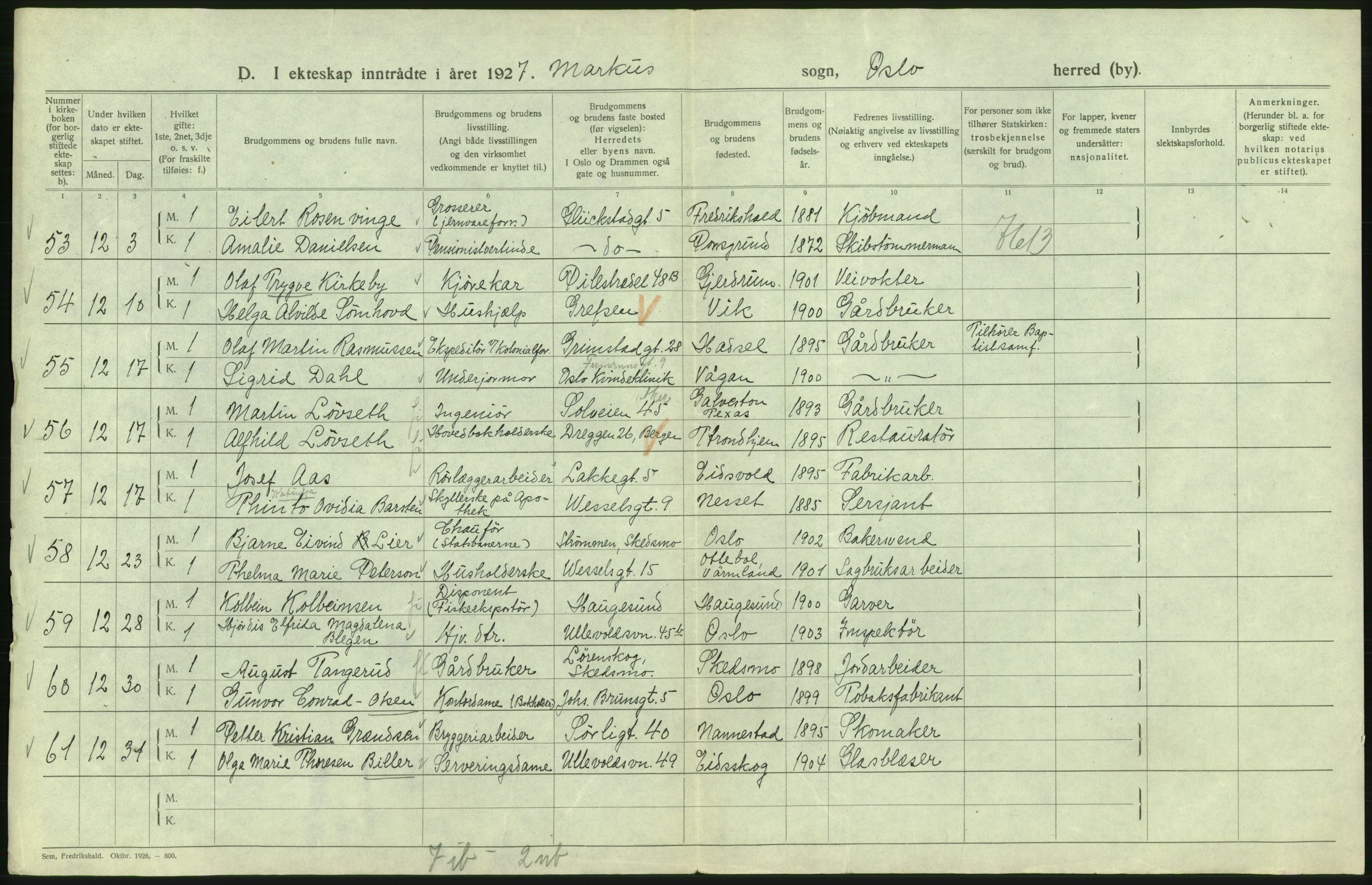 Statistisk sentralbyrå, Sosiodemografiske emner, Befolkning, AV/RA-S-2228/D/Df/Dfc/Dfcg/L0008: Oslo: Gifte, 1927, s. 336