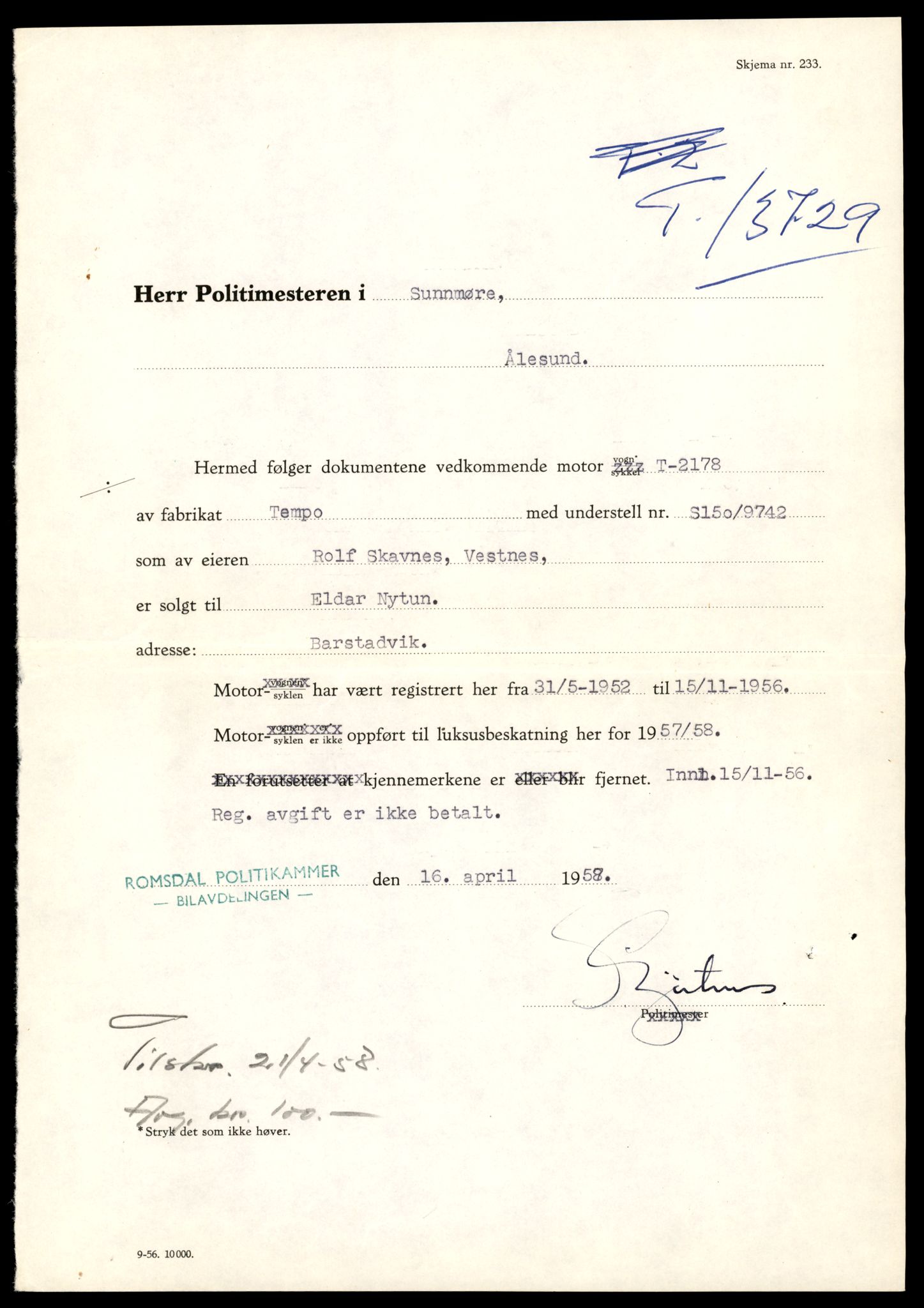 Møre og Romsdal vegkontor - Ålesund trafikkstasjon, AV/SAT-A-4099/F/Fe/L0041: Registreringskort for kjøretøy T 13710 - T 13905, 1927-1998, s. 311