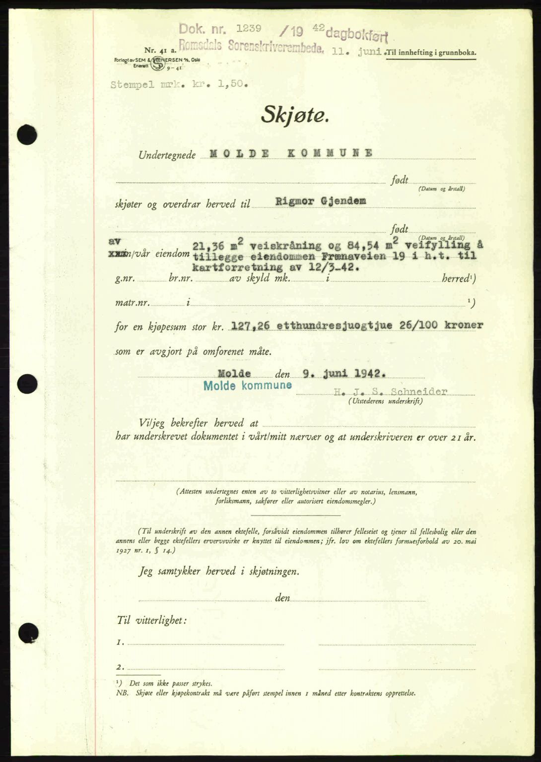 Romsdal sorenskriveri, AV/SAT-A-4149/1/2/2C: Pantebok nr. A12, 1942-1942, Dagboknr: 1239/1942