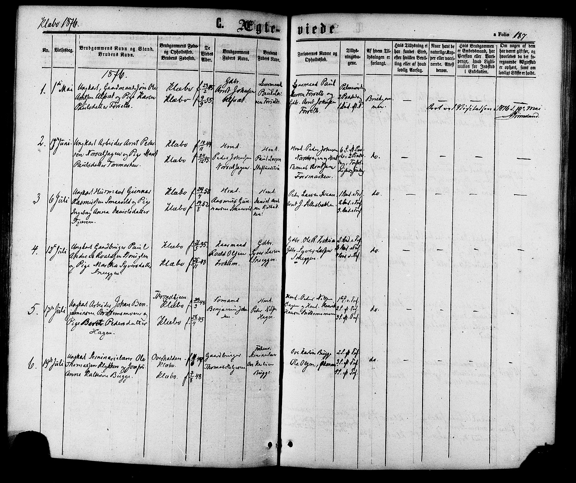 Ministerialprotokoller, klokkerbøker og fødselsregistre - Sør-Trøndelag, AV/SAT-A-1456/618/L0442: Ministerialbok nr. 618A06 /1, 1863-1879, s. 187