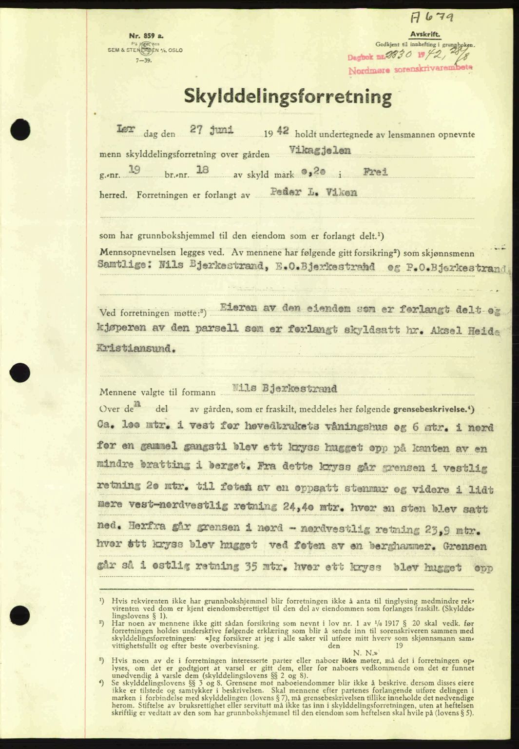 Nordmøre sorenskriveri, SAT/A-4132/1/2/2Ca: Pantebok nr. A93, 1942-1942, Dagboknr: 2330/1942