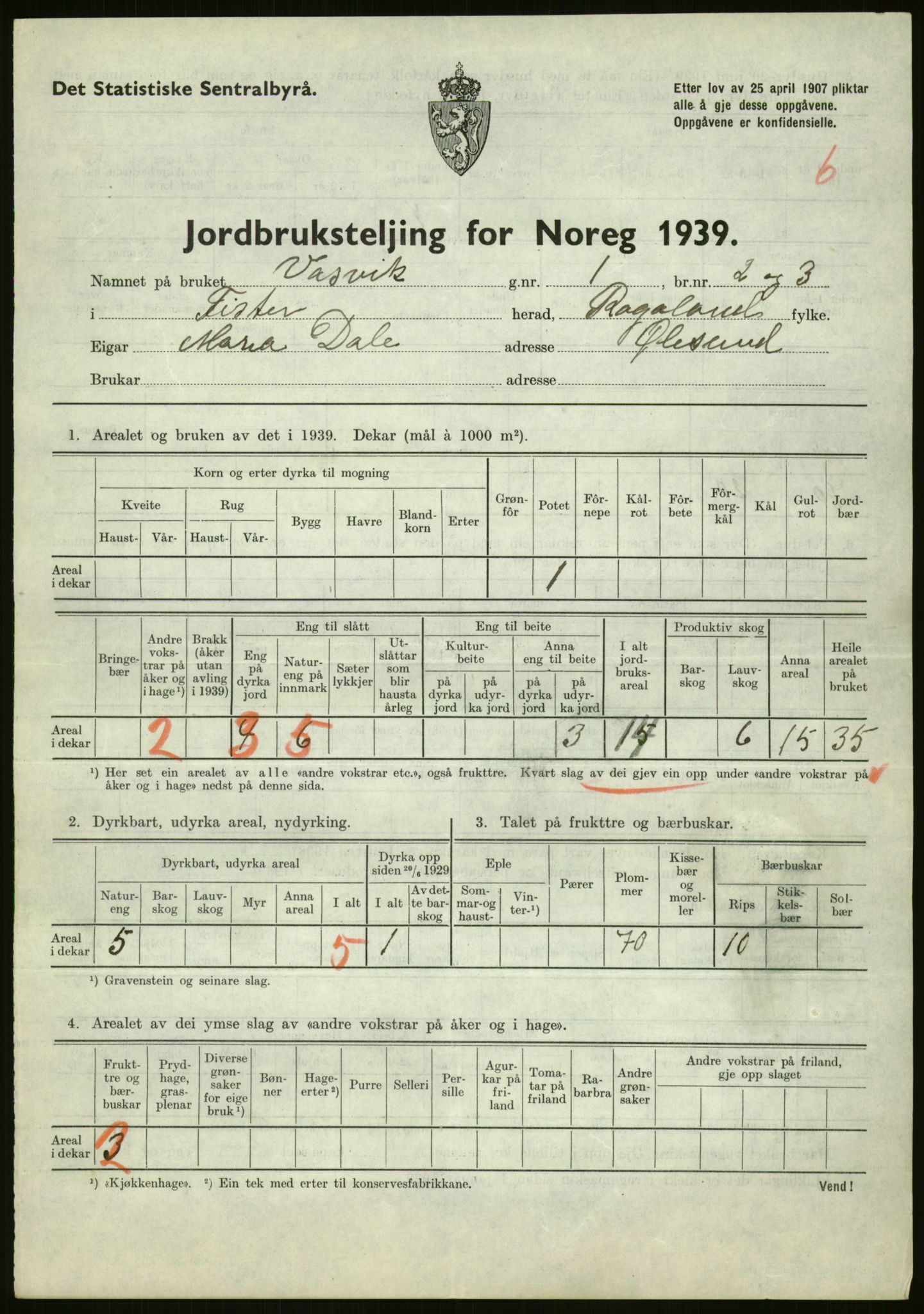 Statistisk sentralbyrå, Næringsøkonomiske emner, Jordbruk, skogbruk, jakt, fiske og fangst, AV/RA-S-2234/G/Gb/L0184: Rogaland: Årdal, Fister og Hjelmeland, 1939, s. 157