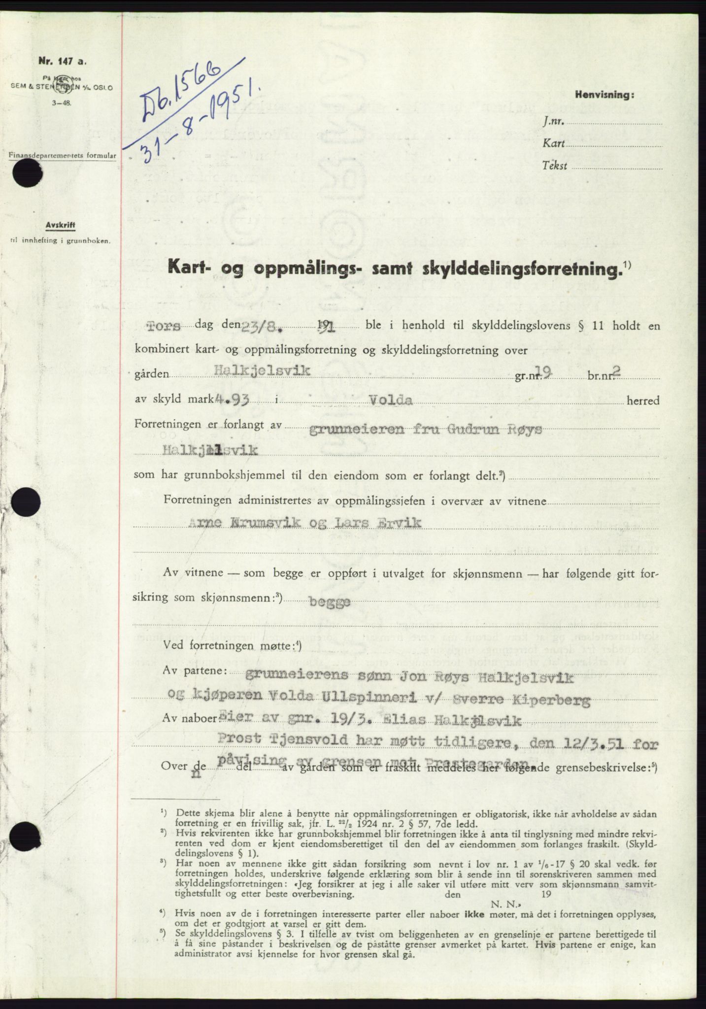 Søre Sunnmøre sorenskriveri, SAT/A-4122/1/2/2C/L0089: Pantebok nr. 15A, 1951-1951, Dagboknr: 1566/1951