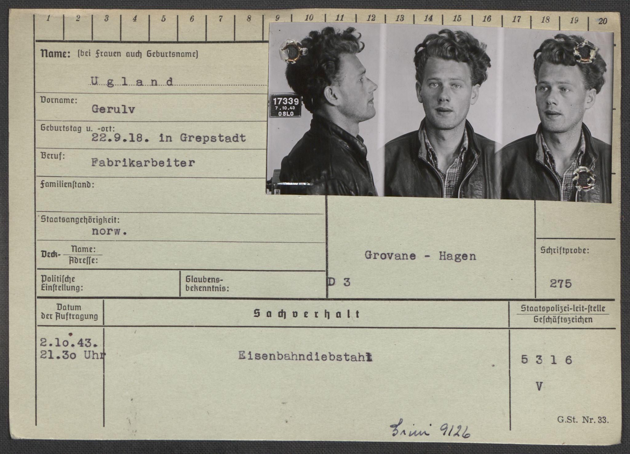 Befehlshaber der Sicherheitspolizei und des SD, AV/RA-RAFA-5969/E/Ea/Eaa/L0010: Register over norske fanger i Møllergata 19: Sø-Å, 1940-1945, s. 616