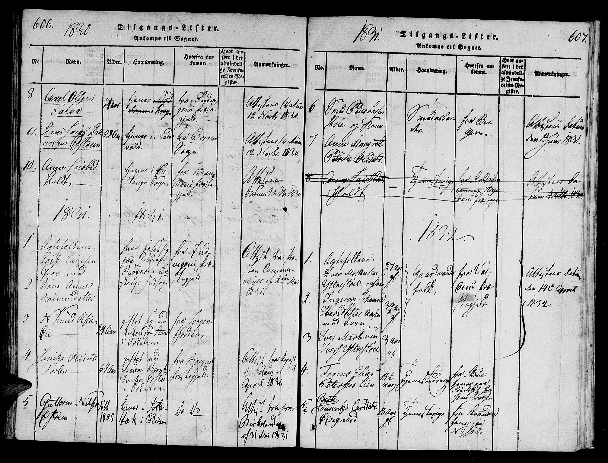 Ministerialprotokoller, klokkerbøker og fødselsregistre - Møre og Romsdal, AV/SAT-A-1454/522/L0310: Ministerialbok nr. 522A05, 1816-1832, s. 606-607