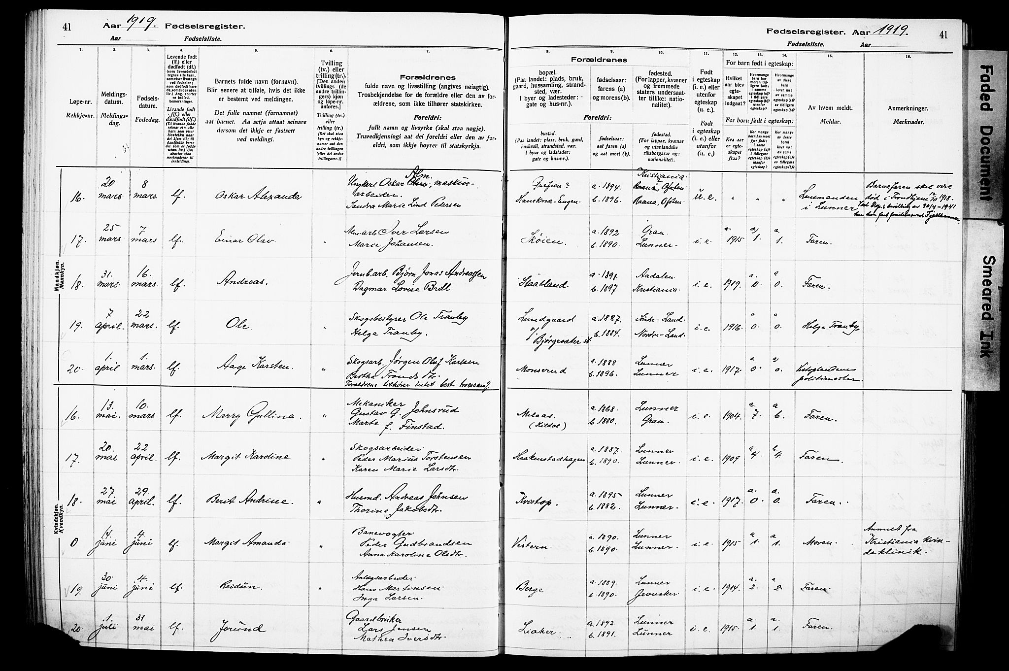 Lunner prestekontor, AV/SAH-PREST-118/I/Id/L0001: Fødselsregister nr. 1, 1916-1932, s. 41