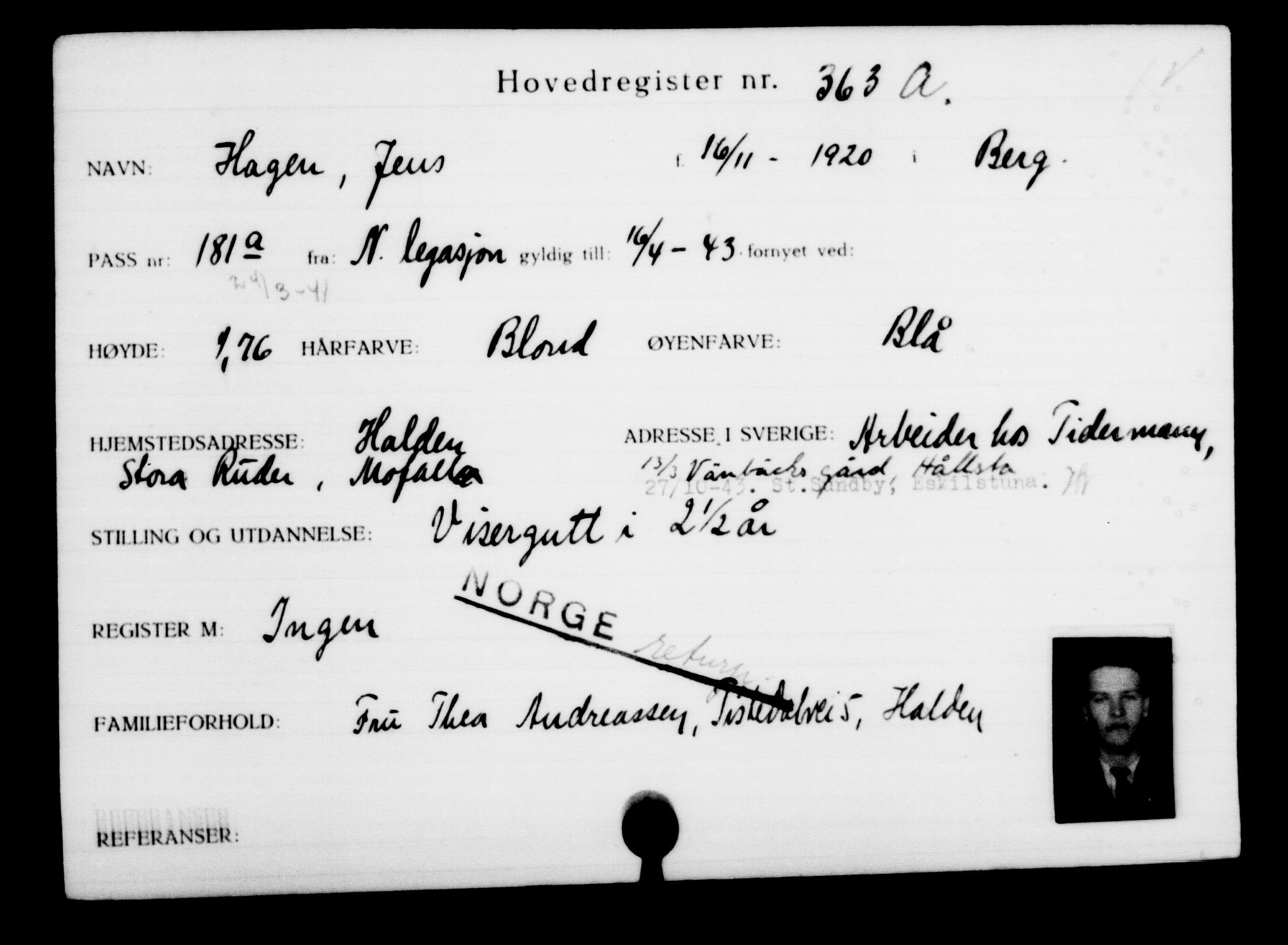 Utenriksstasjonene, Legasjonen i Stockholm, Flyktningkontoret, AV/RA-S-6753/V/Va/L0001: Kjesäterkartoteket, flyktninger med registreringsnr. 1-1000, 1940-1945, s. 572