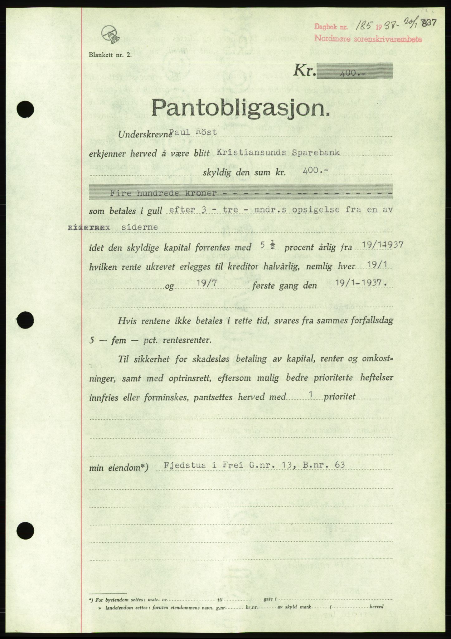 Nordmøre sorenskriveri, AV/SAT-A-4132/1/2/2Ca/L0090: Pantebok nr. B80, 1936-1937, Dagboknr: 185/1937