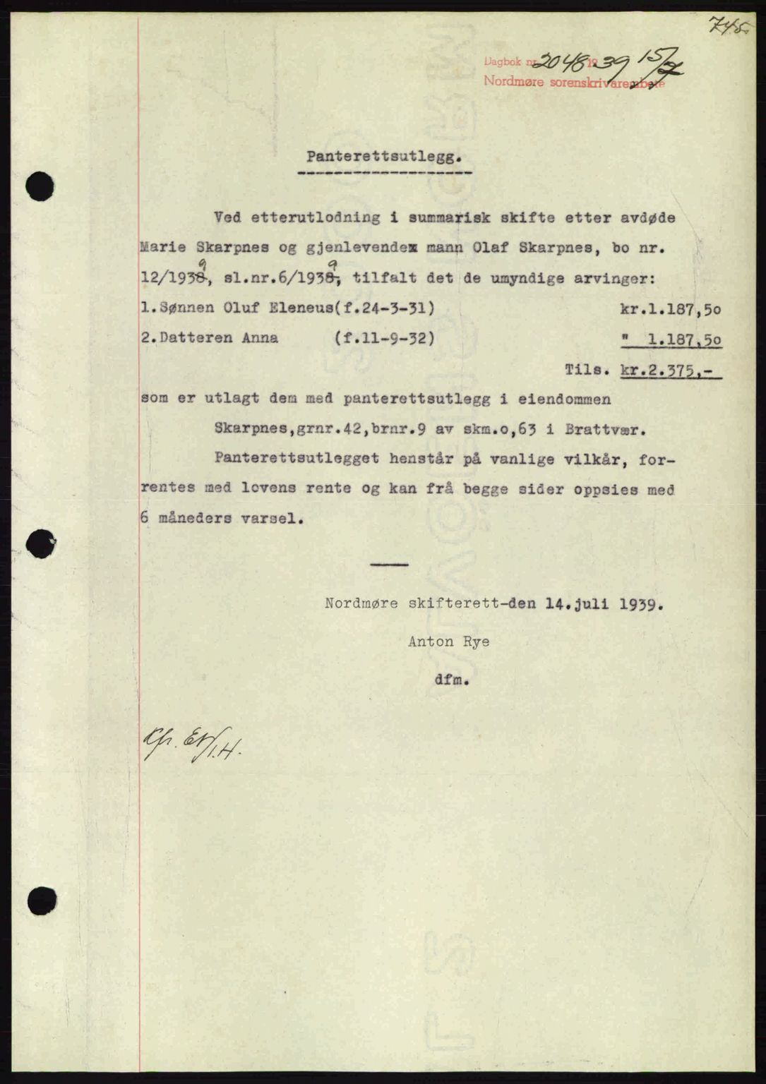 Nordmøre sorenskriveri, AV/SAT-A-4132/1/2/2Ca: Pantebok nr. B85, 1939-1939, Dagboknr: 2048/1939