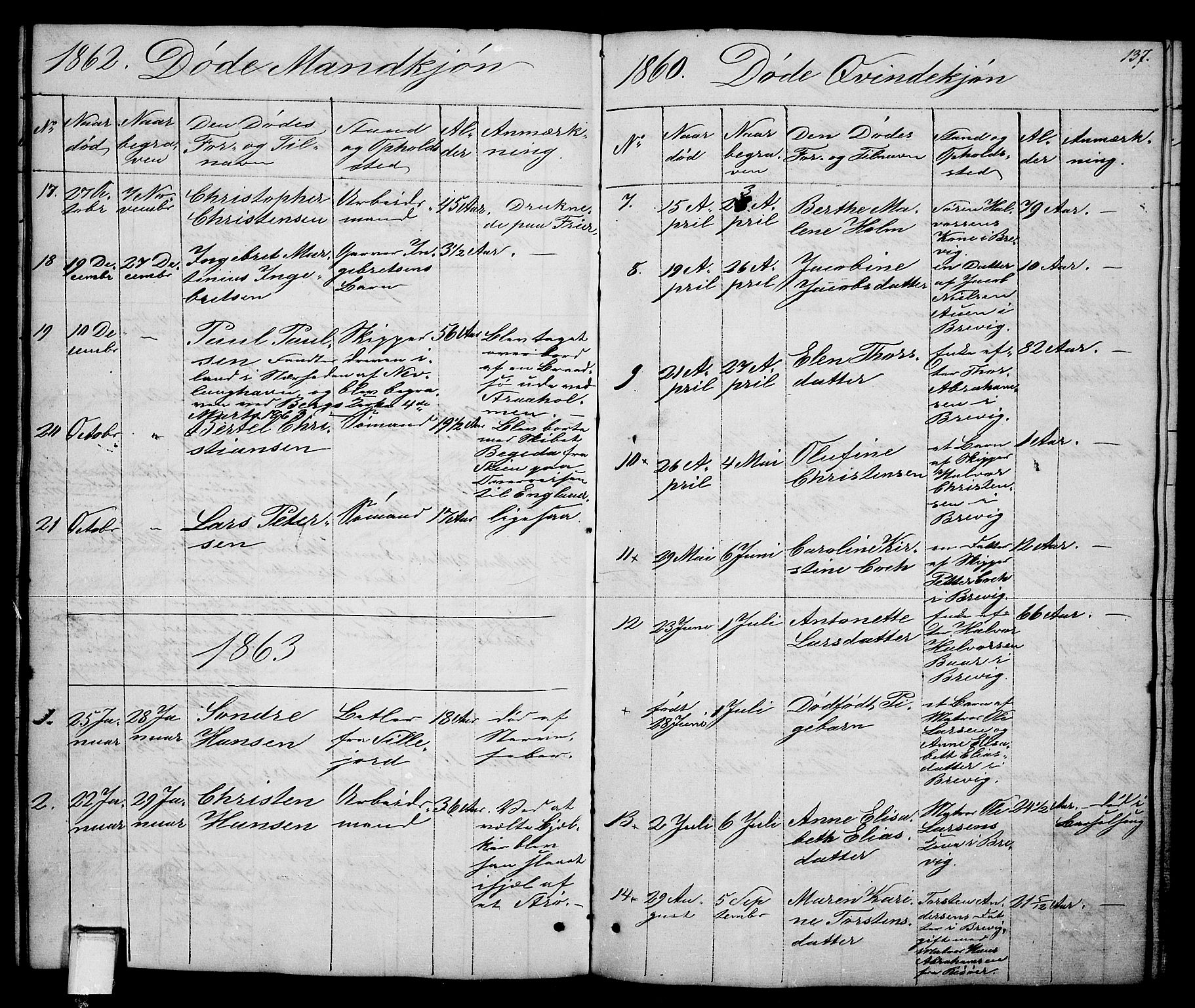 Brevik kirkebøker, AV/SAKO-A-255/G/Ga/L0002: Klokkerbok nr. 2, 1846-1865, s. 137