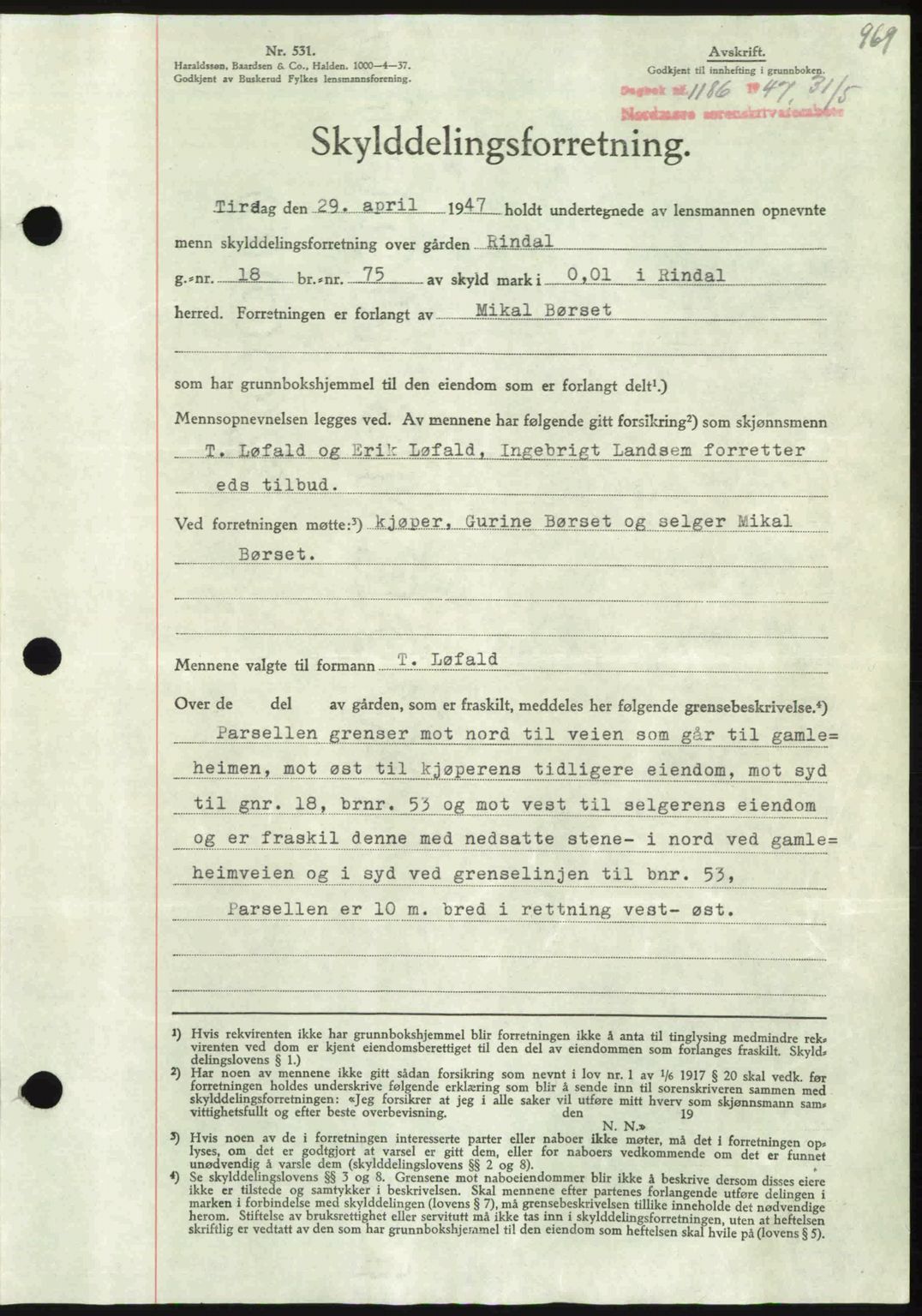 Nordmøre sorenskriveri, SAT/A-4132/1/2/2Ca: Pantebok nr. A104, 1947-1947, Dagboknr: 1186/1947