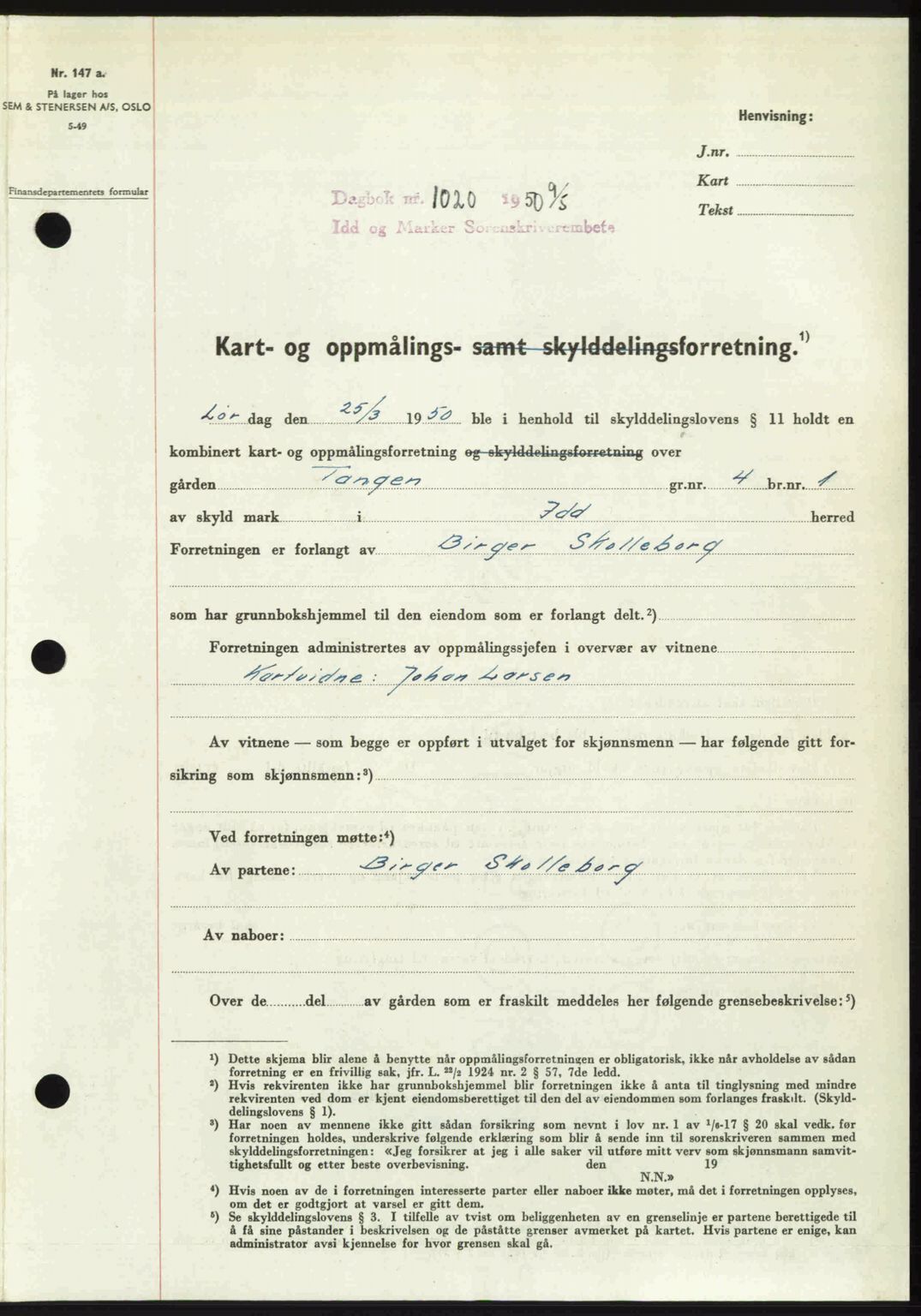 Idd og Marker sorenskriveri, AV/SAO-A-10283/G/Gb/Gbb/L0014: Pantebok nr. A14, 1950-1950, Dagboknr: 1020/1950