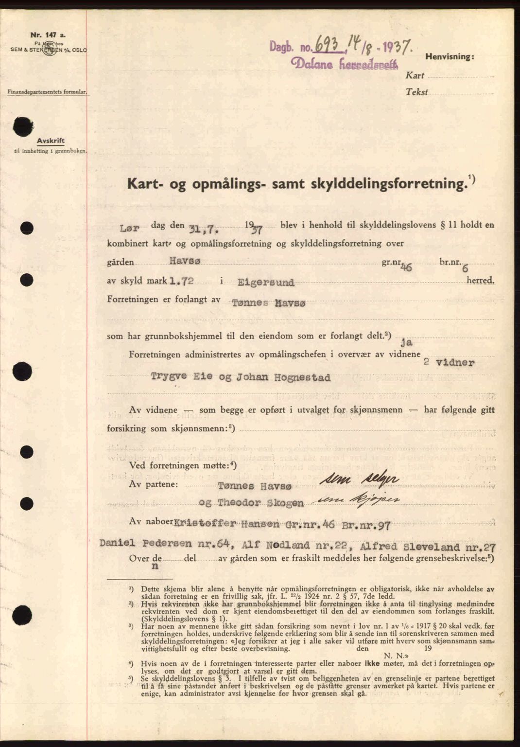 Dalane sorenskriveri, SAST/A-100309/02/G/Gb/L0041: Pantebok nr. A2, 1936-1937, Dagboknr: 693/1937