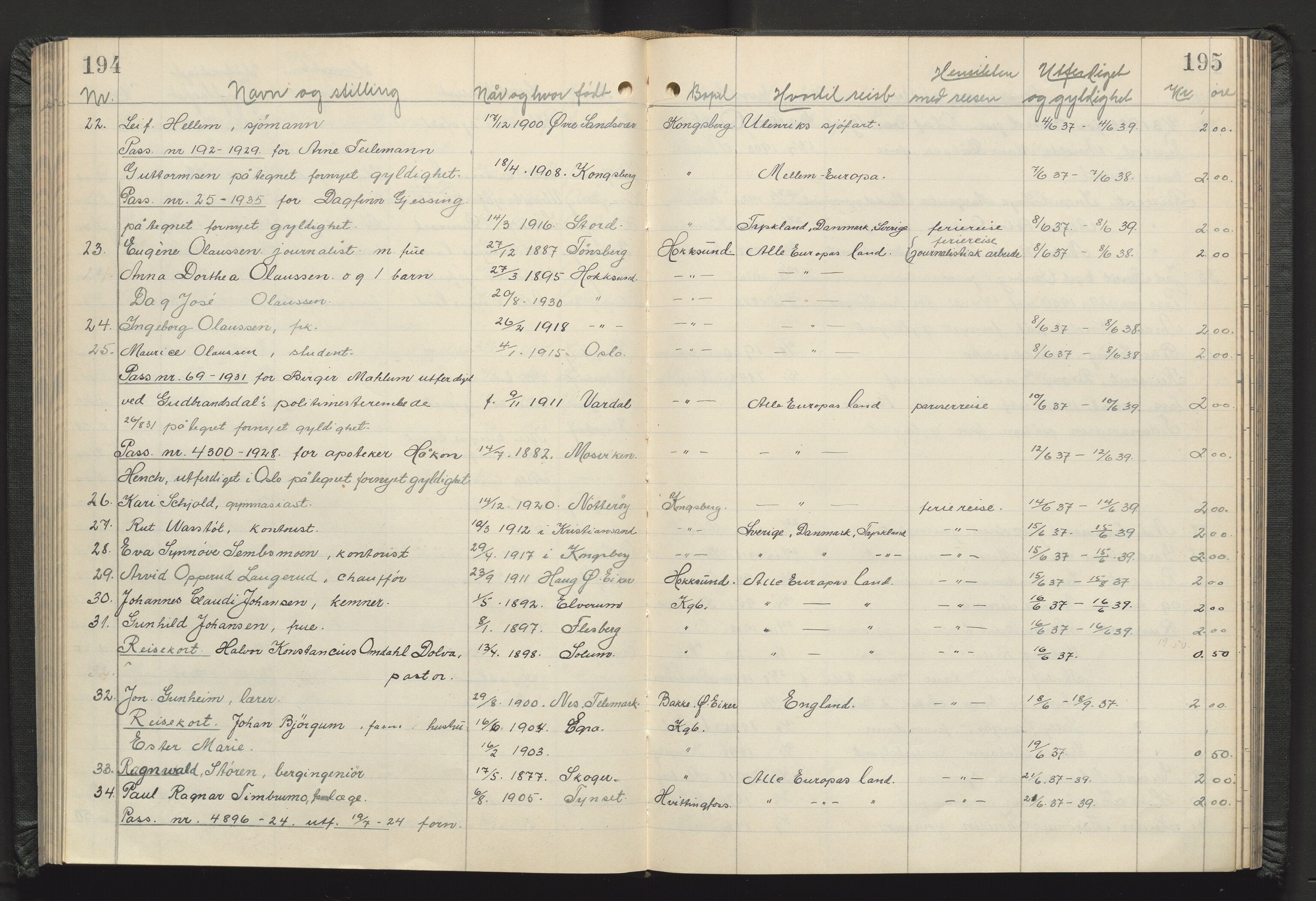 Kongsberg politikammer, AV/SAKO-A-624/I/Ib/Iba/L0004: Passprotokoll, 1927-1946, s. 194-195