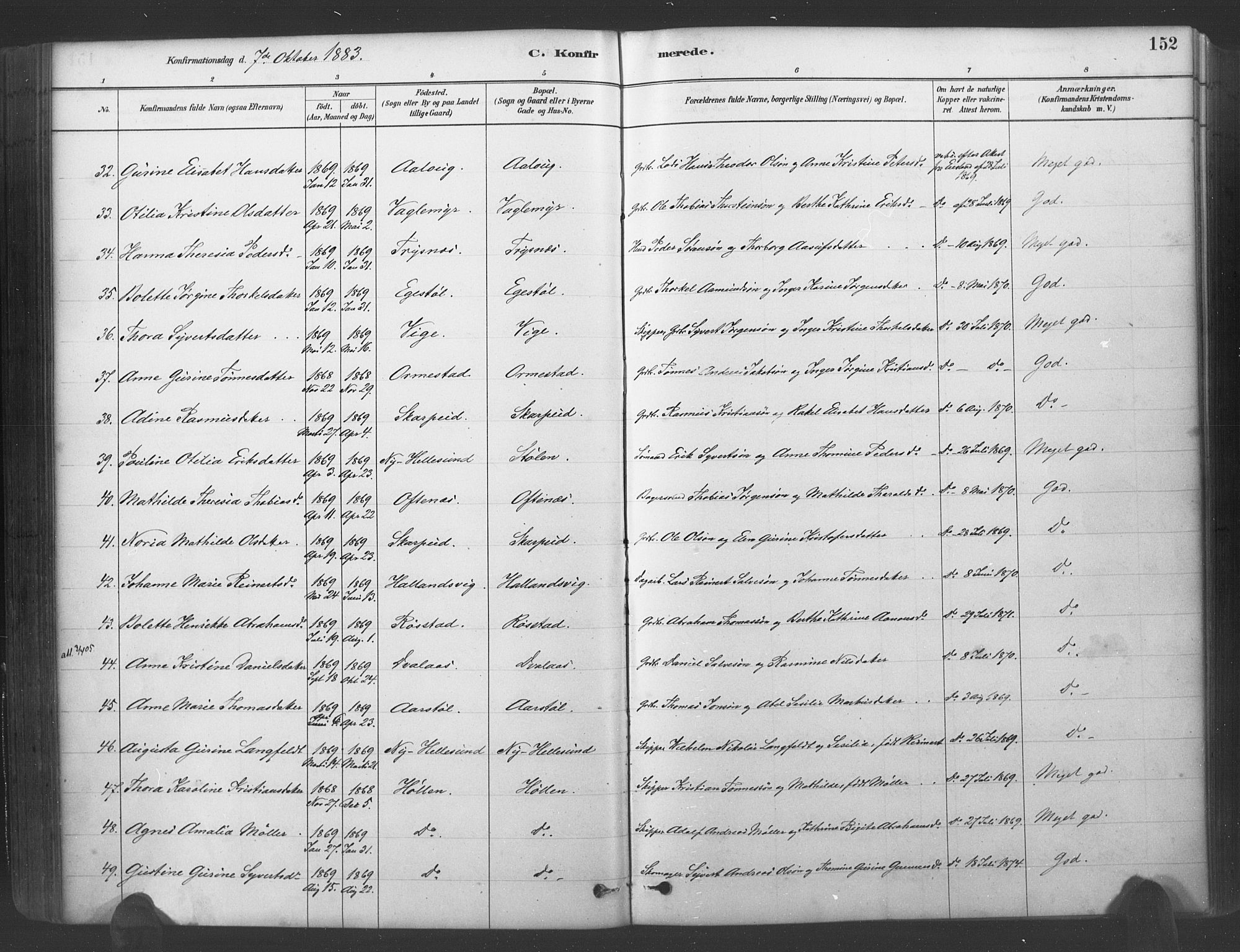 Søgne sokneprestkontor, AV/SAK-1111-0037/F/Fa/Fab/L0012: Ministerialbok nr. A 12, 1880-1891, s. 152