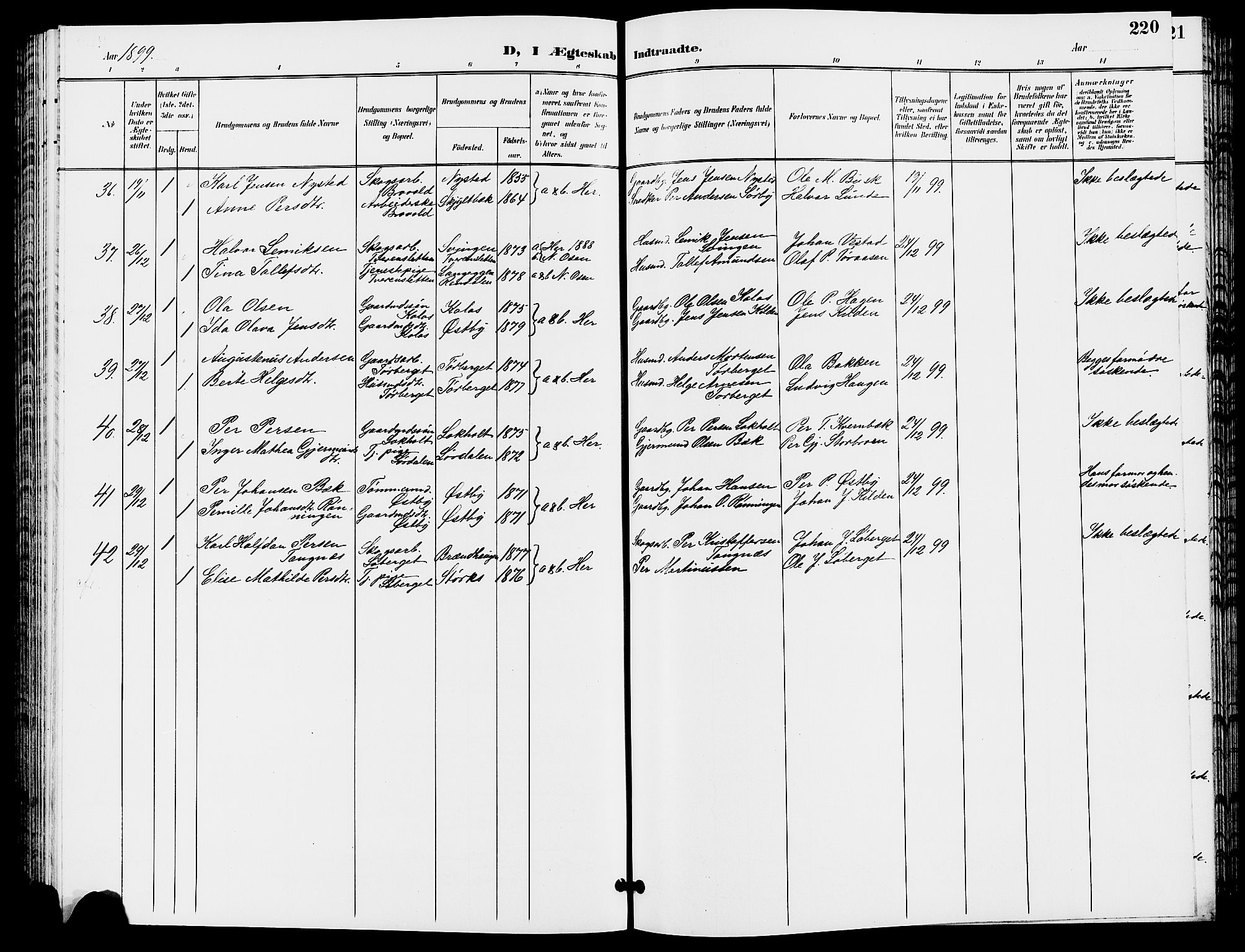 Trysil prestekontor, AV/SAH-PREST-046/H/Ha/Hab/L0006: Klokkerbok nr. 6, 1896-1912, s. 220