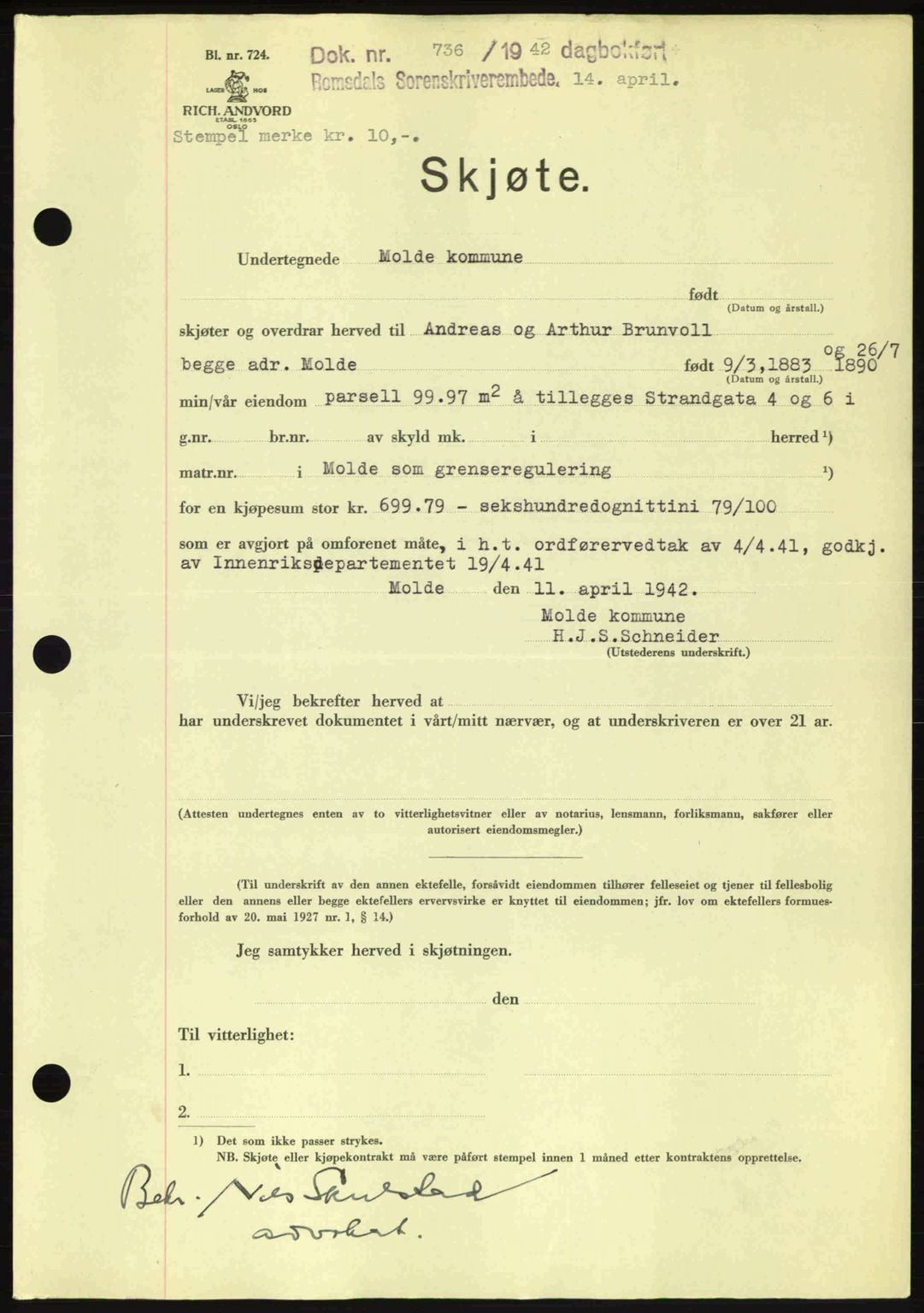 Romsdal sorenskriveri, SAT/A-4149/1/2/2C: Pantebok nr. A12, 1942-1942, Dagboknr: 736/1942