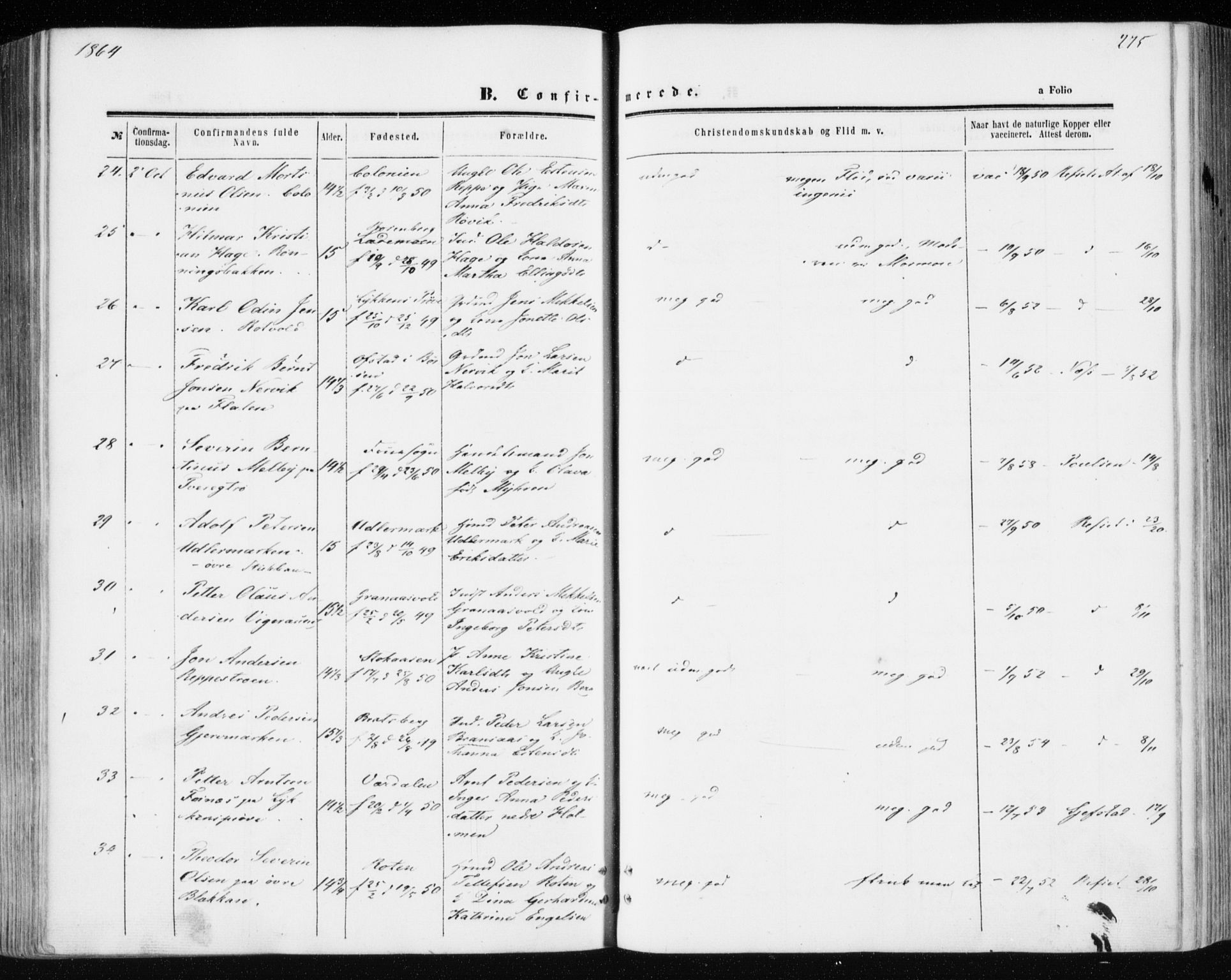 Ministerialprotokoller, klokkerbøker og fødselsregistre - Sør-Trøndelag, SAT/A-1456/606/L0292: Ministerialbok nr. 606A07, 1856-1865, s. 275