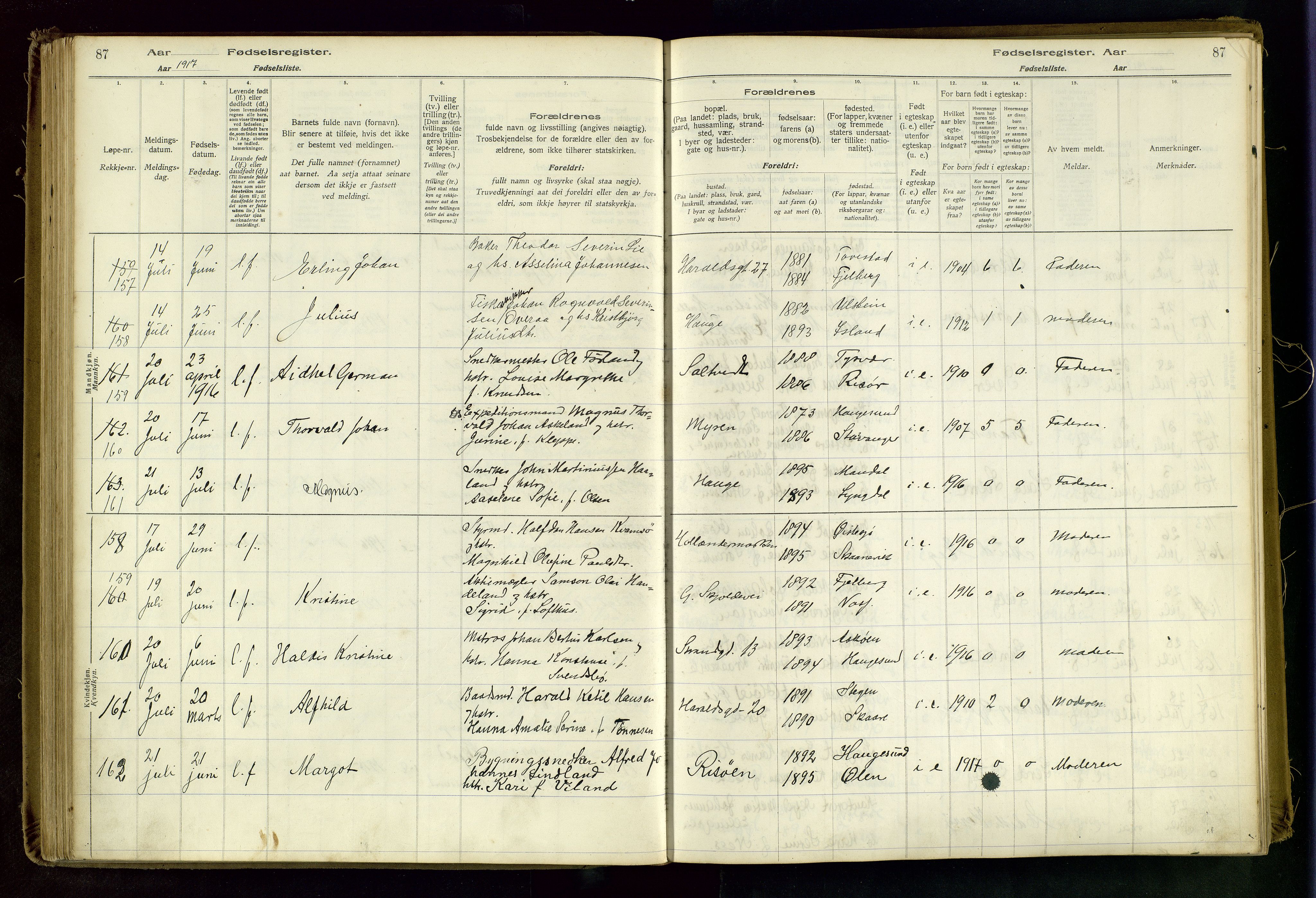 Haugesund sokneprestkontor, AV/SAST-A -101863/I/Id/L0003: Fødselsregister nr. 1, 1916-1919, s. 87