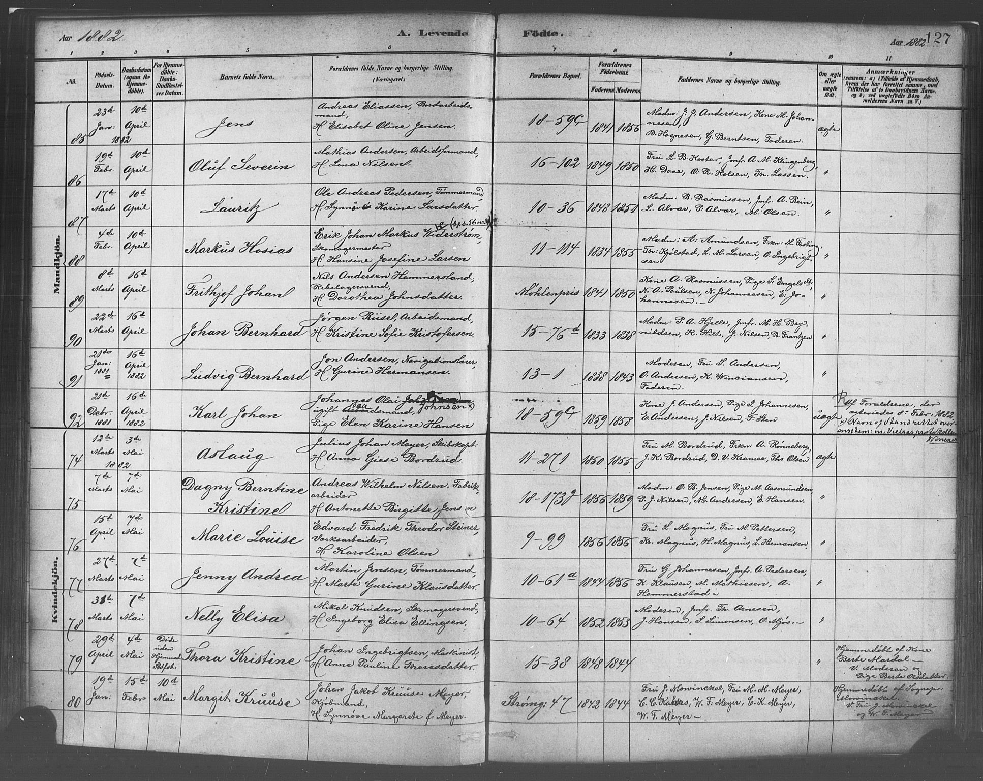 Domkirken sokneprestembete, AV/SAB-A-74801/H/Haa/L0023: Ministerialbok nr. B 6, 1879-1887, s. 127