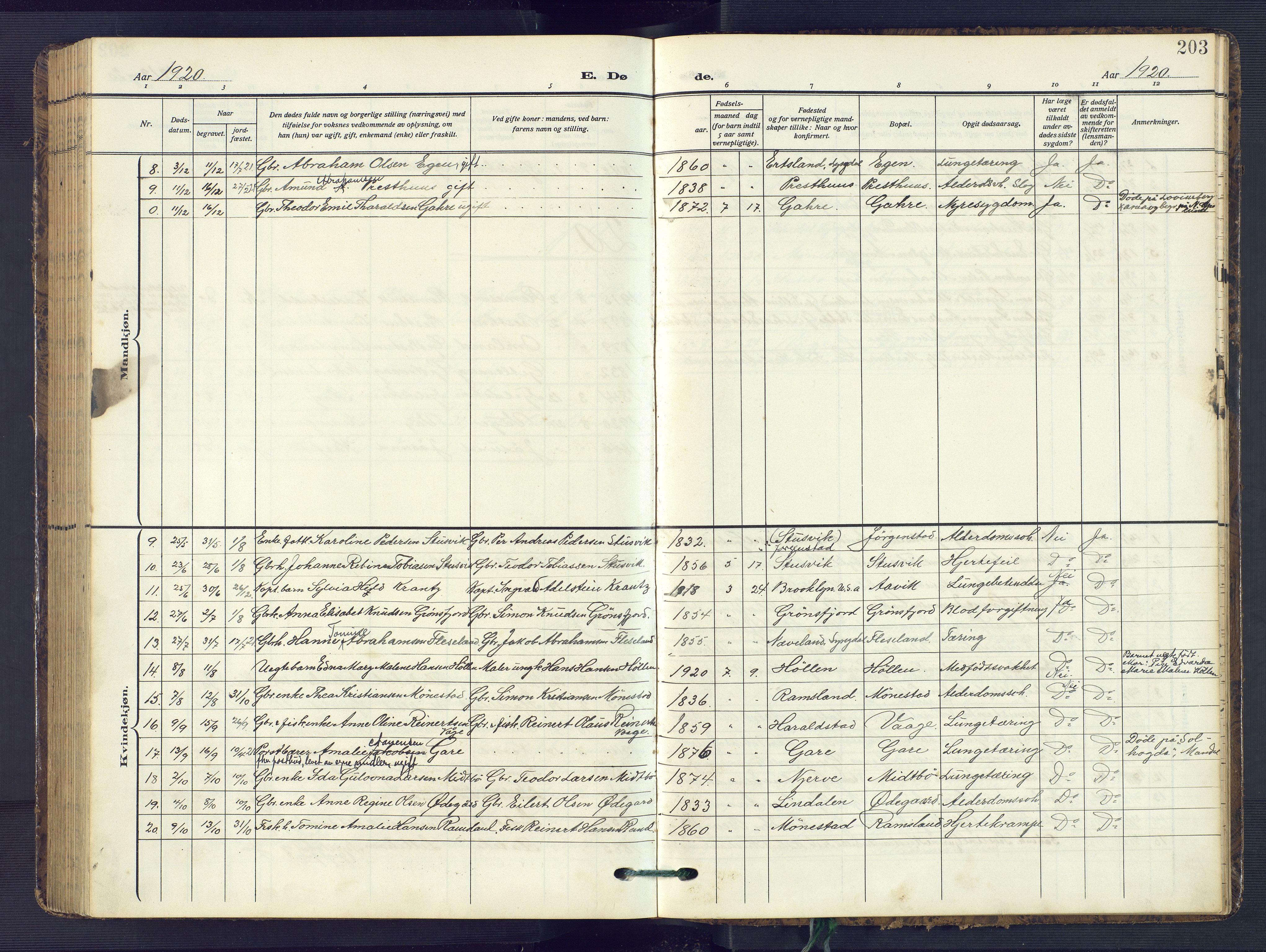 Sør-Audnedal sokneprestkontor, AV/SAK-1111-0039/F/Fb/Fba/L0005: Klokkerbok nr. B 5, 1908-1963, s. 203