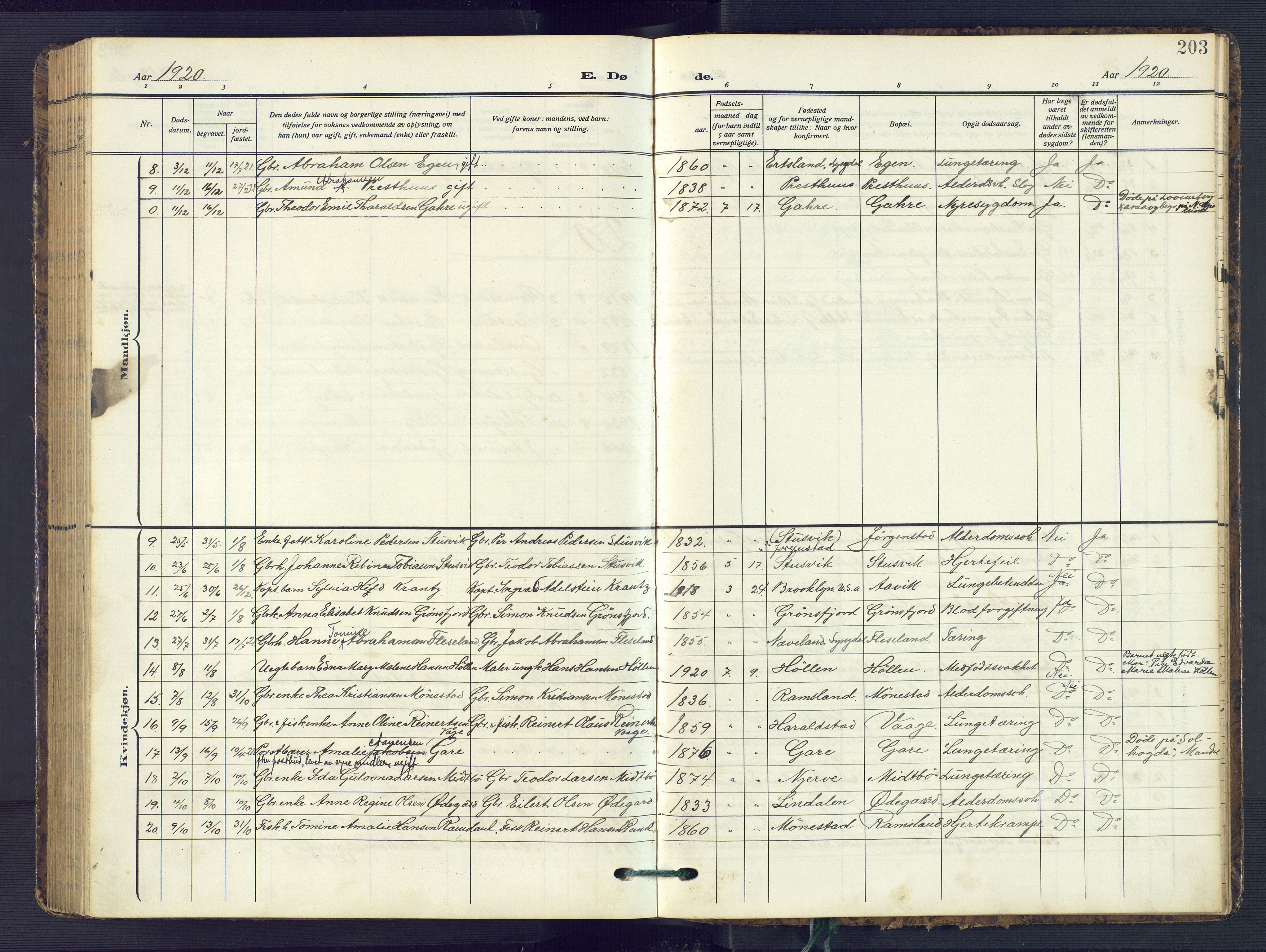 Sør-Audnedal sokneprestkontor, SAK/1111-0039/F/Fb/Fba/L0005: Klokkerbok nr. B 5, 1908-1963, s. 203