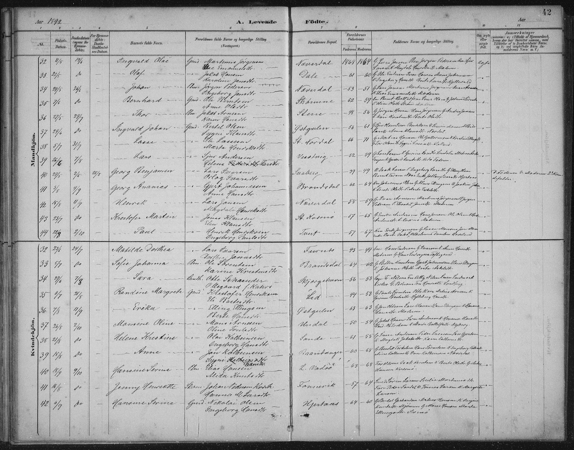 Gulen sokneprestembete, AV/SAB-A-80201/H/Hab/Habb/L0003: Klokkerbok nr. B 3, 1884-1907, s. 42