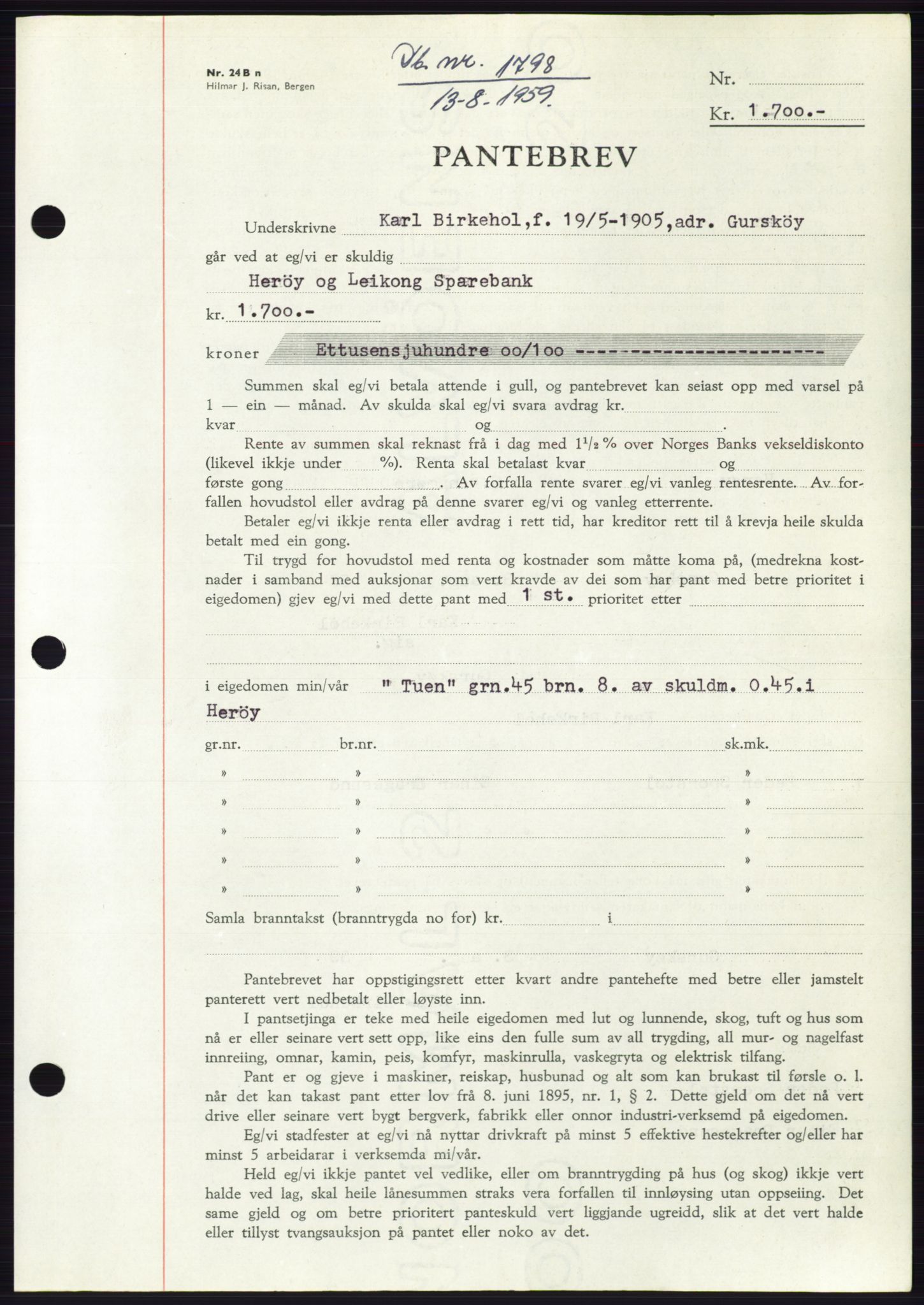 Søre Sunnmøre sorenskriveri, SAT/A-4122/1/2/2C/L0133: Pantebok nr. 21B, 1959-1959, Dagboknr: 1798/1959