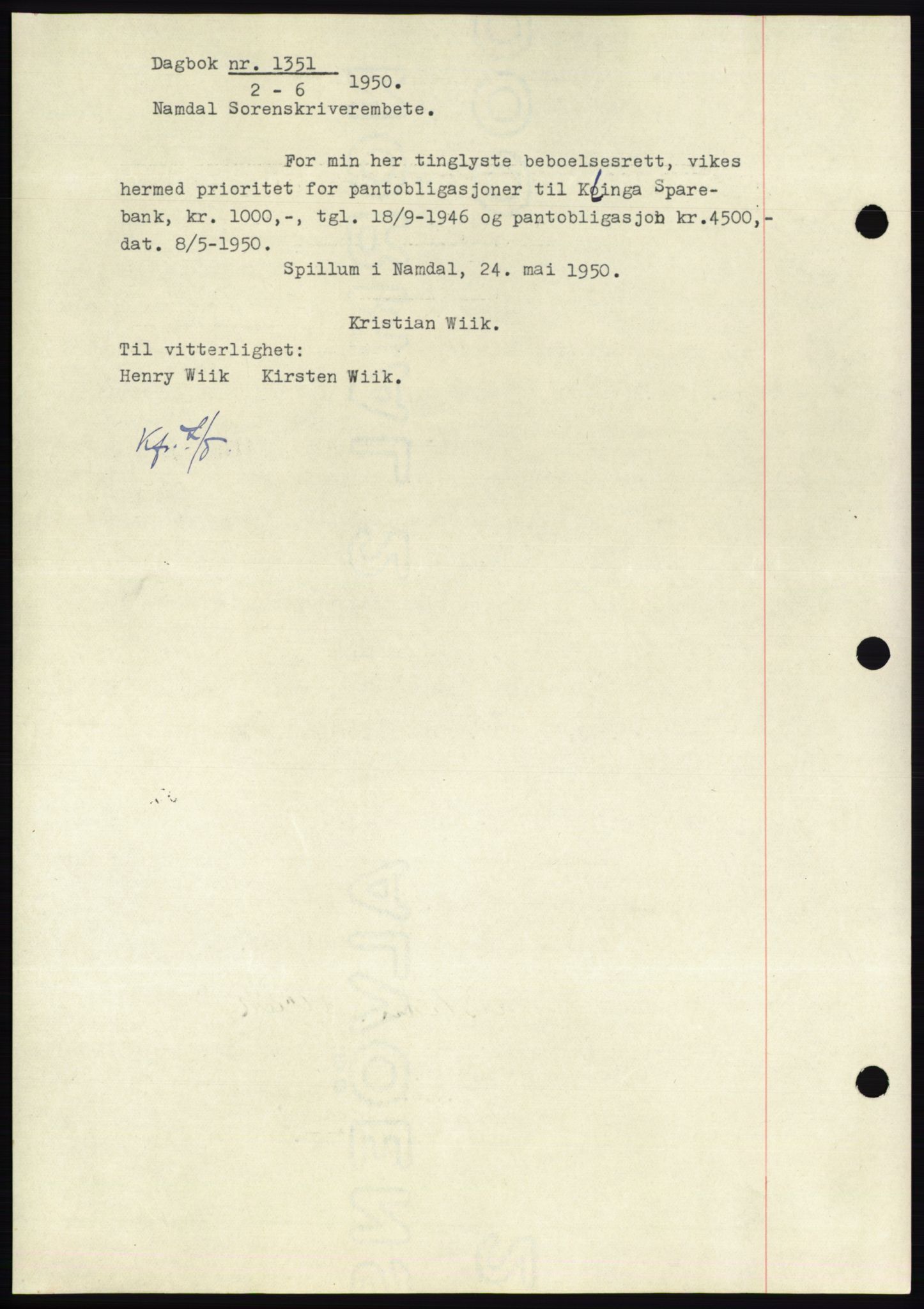 Namdal sorenskriveri, SAT/A-4133/1/2/2C: Pantebok nr. -, 1942-1943, Dagboknr: 1351/1942