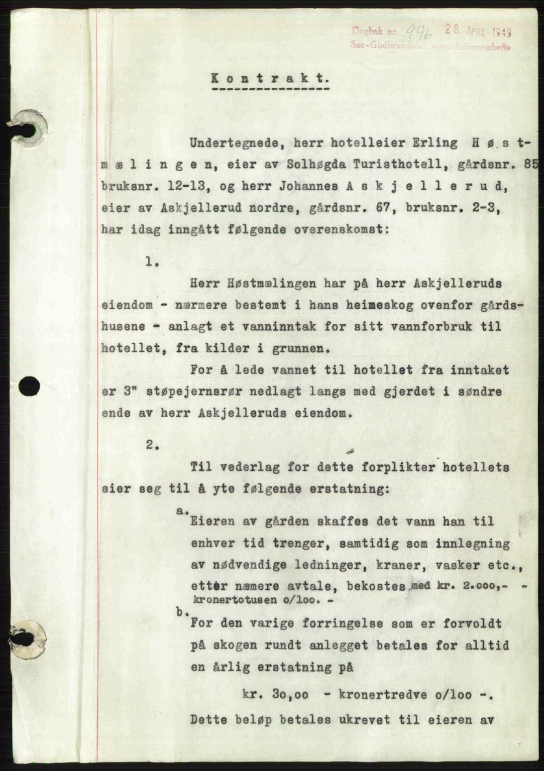 Sør-Gudbrandsdal tingrett, SAH/TING-004/H/Hb/Hbd/L0025: Pantebok nr. A25, 1949-1949, Dagboknr: 996/1949