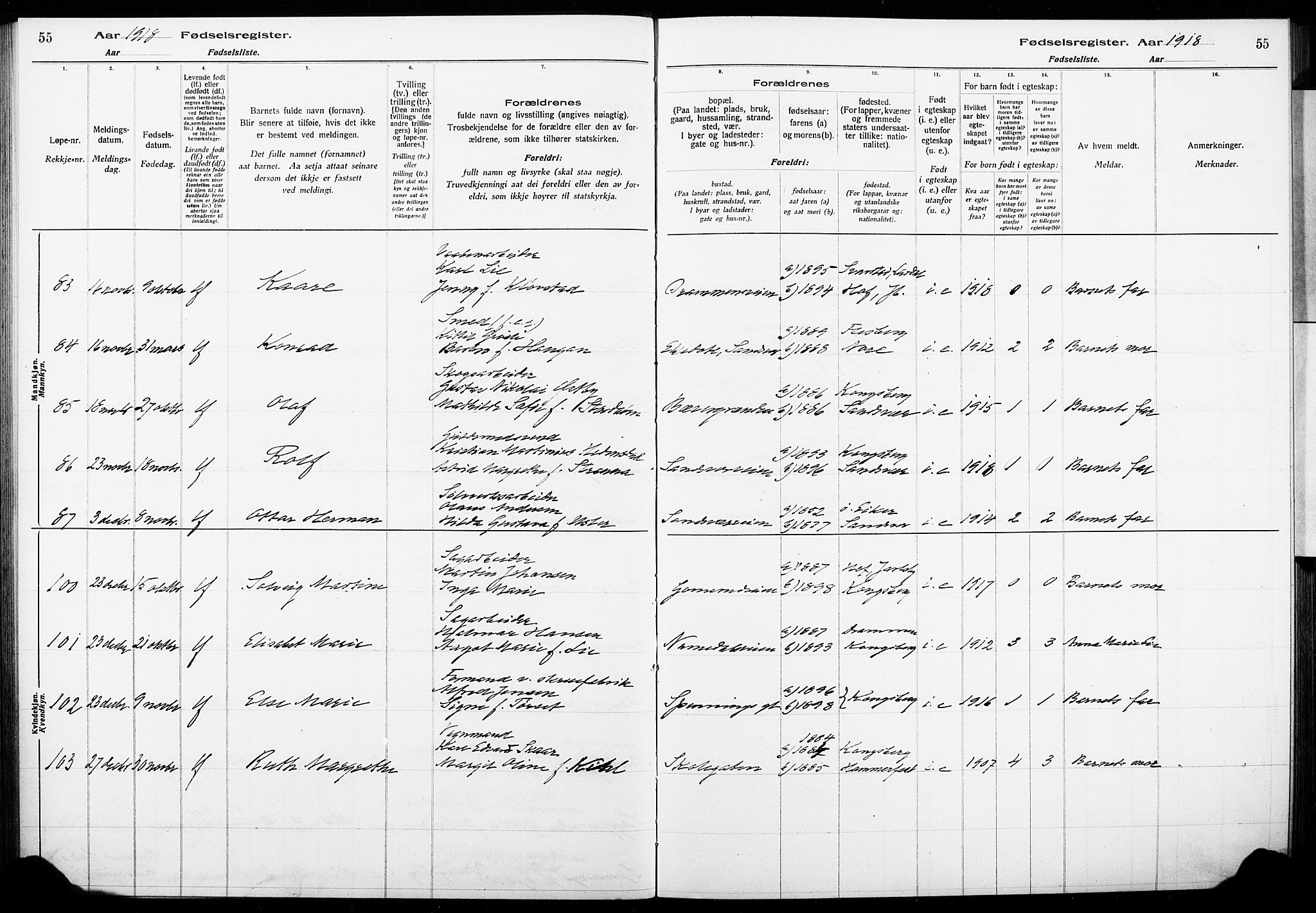 Kongsberg kirkebøker, AV/SAKO-A-22/J/Ja/L0001: Fødselsregister nr. I 1, 1916-1927, s. 55