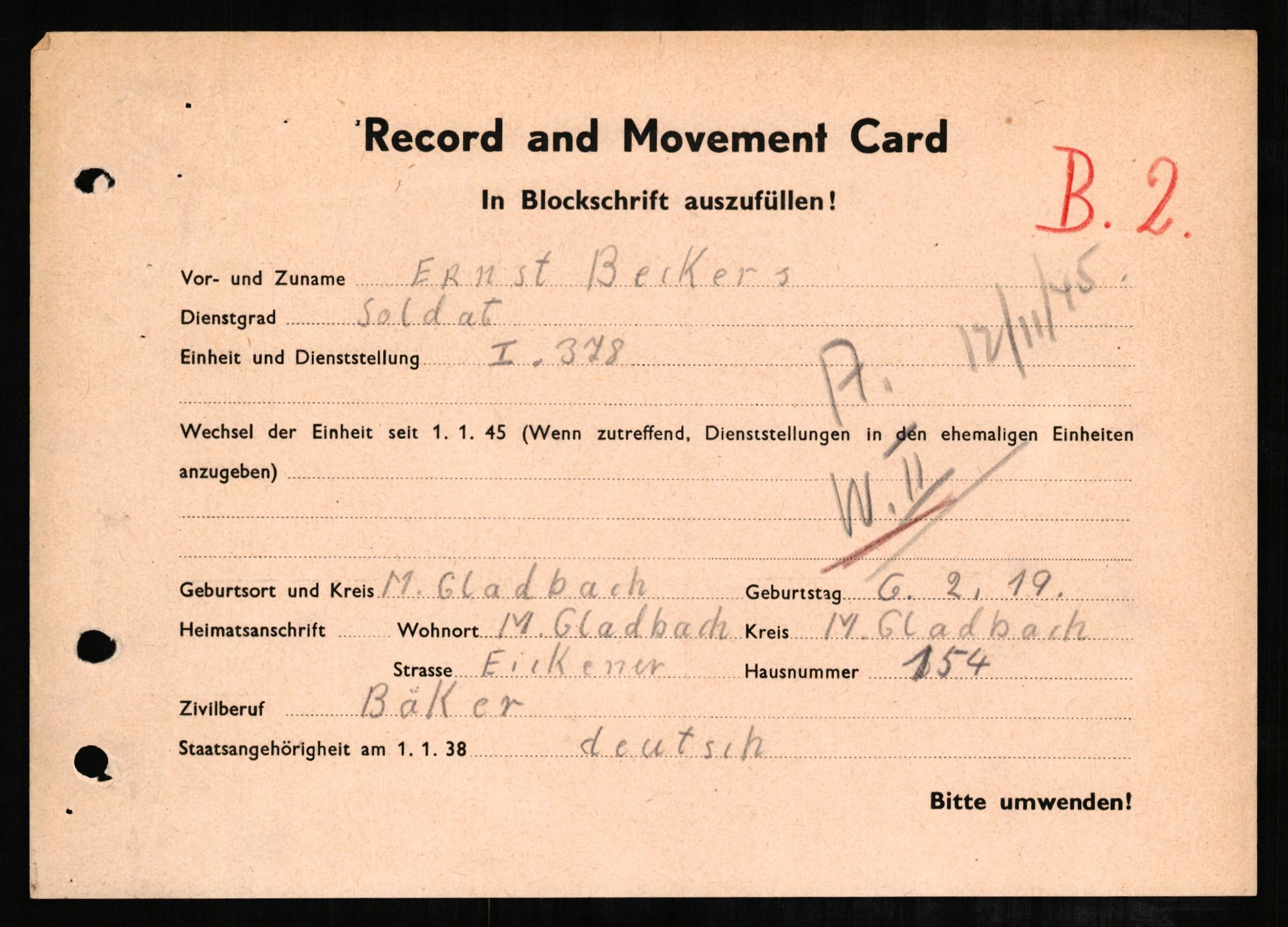 Forsvaret, Forsvarets overkommando II, RA/RAFA-3915/D/Db/L0002: CI Questionaires. Tyske okkupasjonsstyrker i Norge. Tyskere., 1945-1946, s. 368