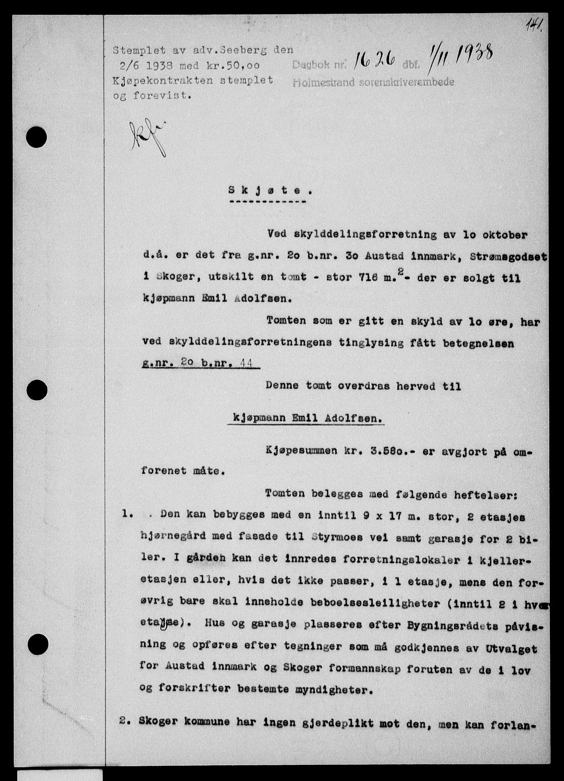 Holmestrand sorenskriveri, SAKO/A-67/G/Ga/Gaa/L0050: Pantebok nr. A-50, 1938-1939, Dagboknr: 1626/1938