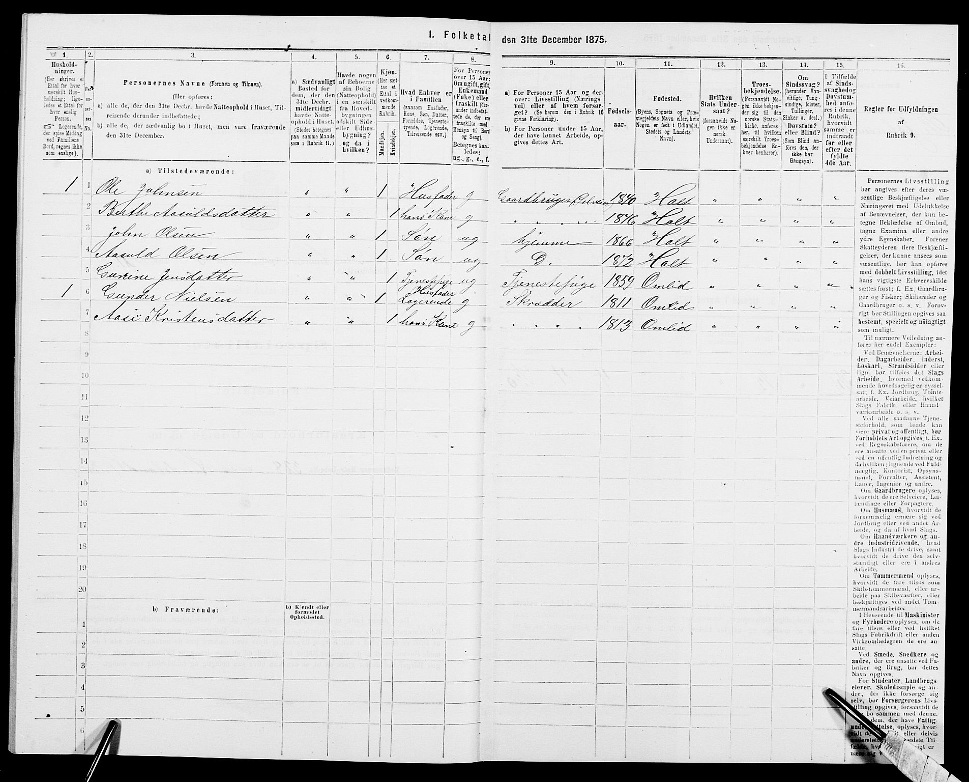 SAK, Folketelling 1875 for 0914L Holt prestegjeld, Holt sokn, 1875, s. 447