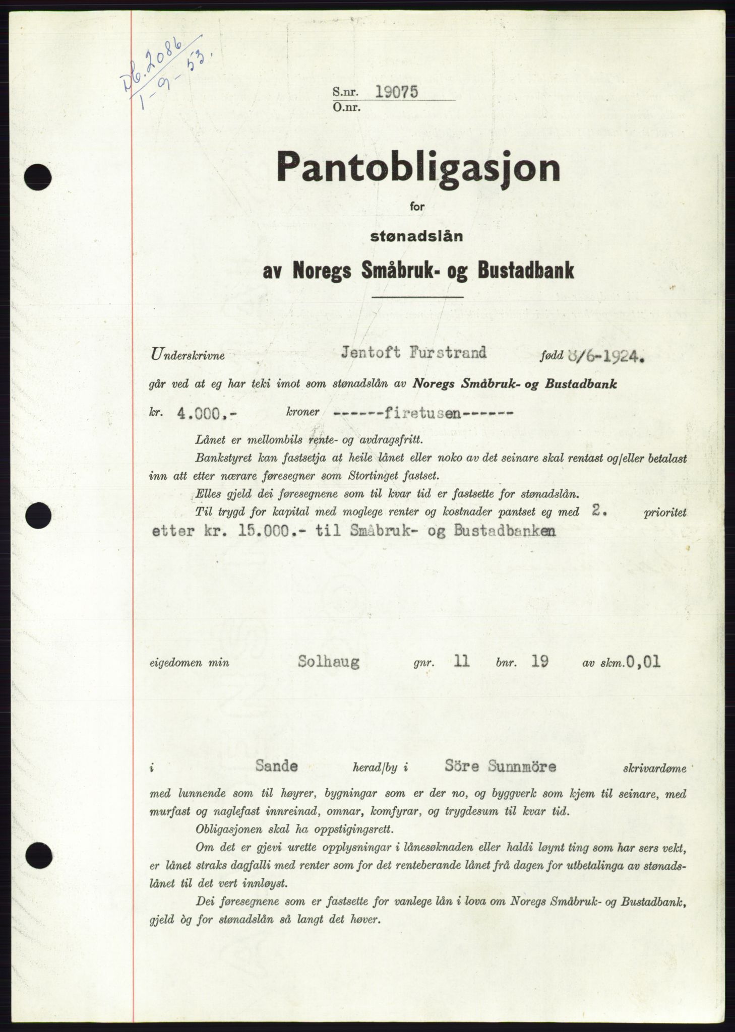 Søre Sunnmøre sorenskriveri, SAT/A-4122/1/2/2C/L0123: Pantebok nr. 11B, 1953-1953, Dagboknr: 2086/1953