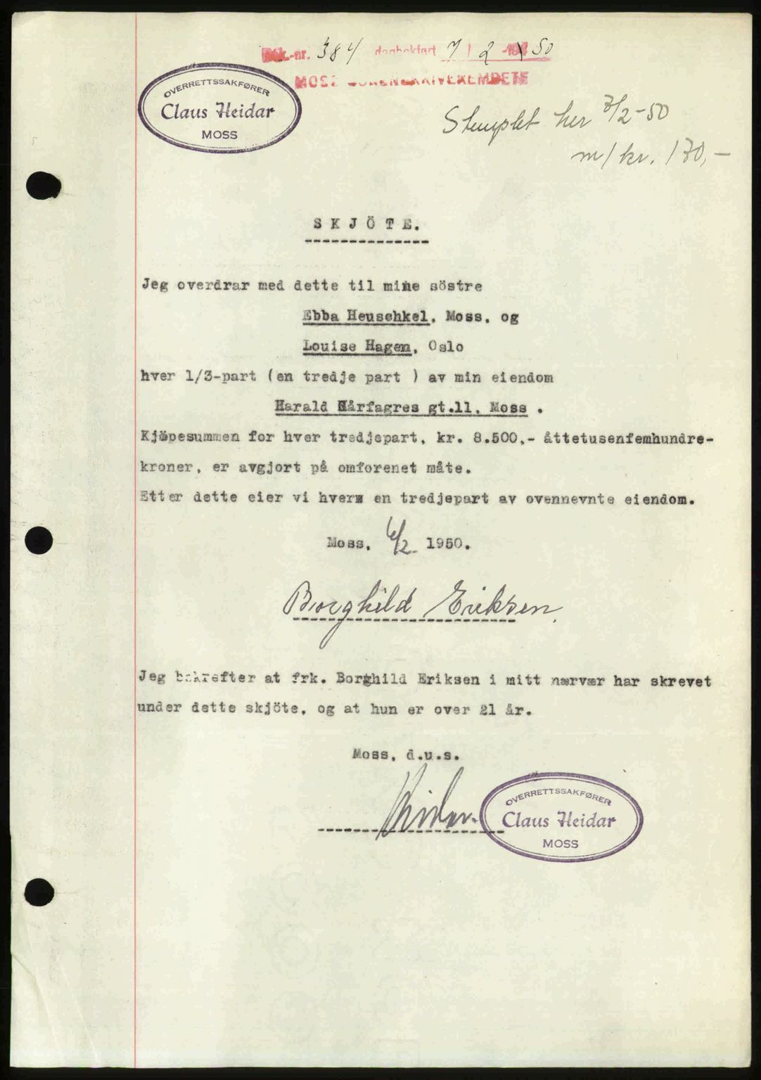 Moss sorenskriveri, SAO/A-10168: Pantebok nr. A25, 1950-1950, Dagboknr: 384/1950