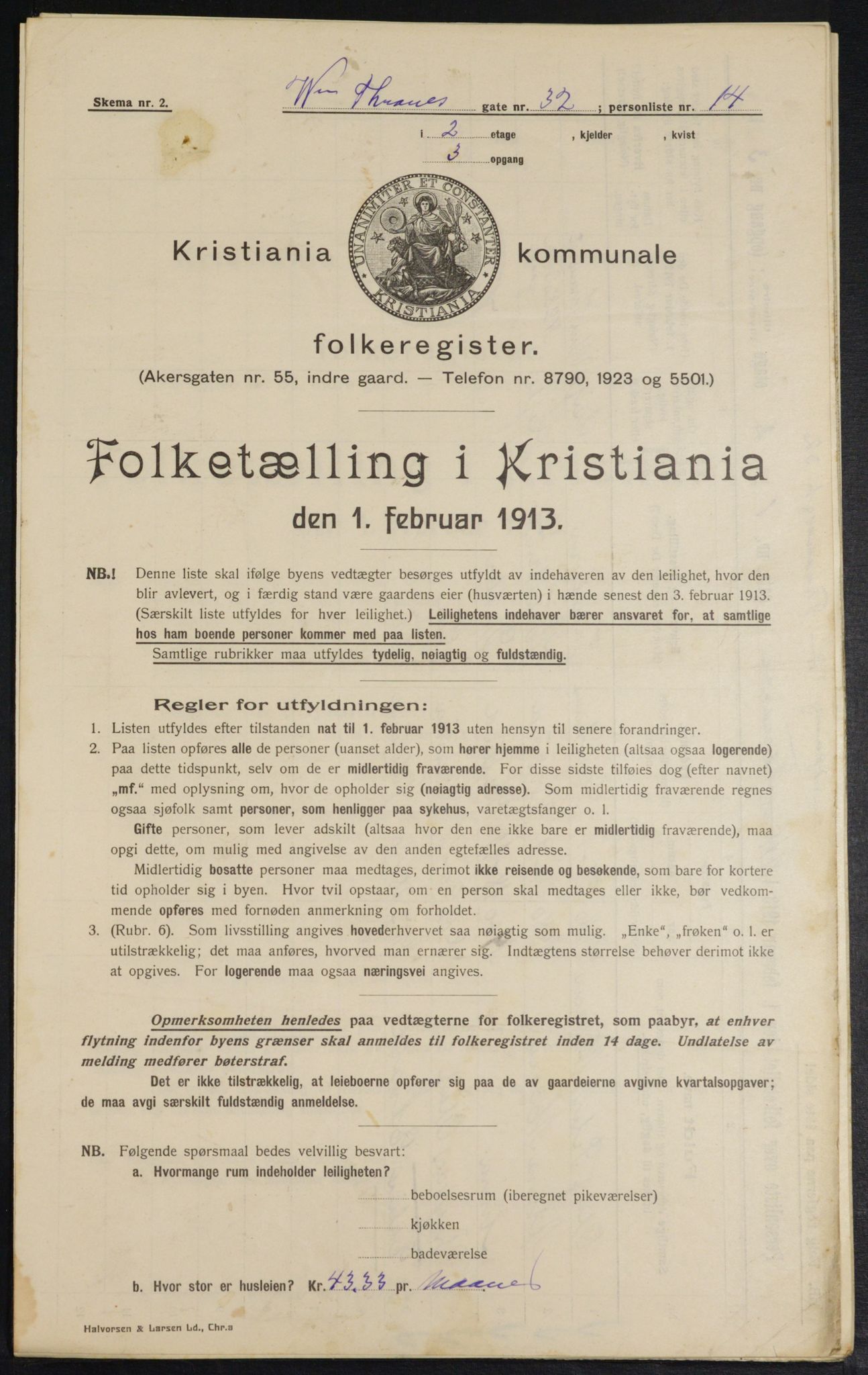 OBA, Kommunal folketelling 1.2.1913 for Kristiania, 1913, s. 126725