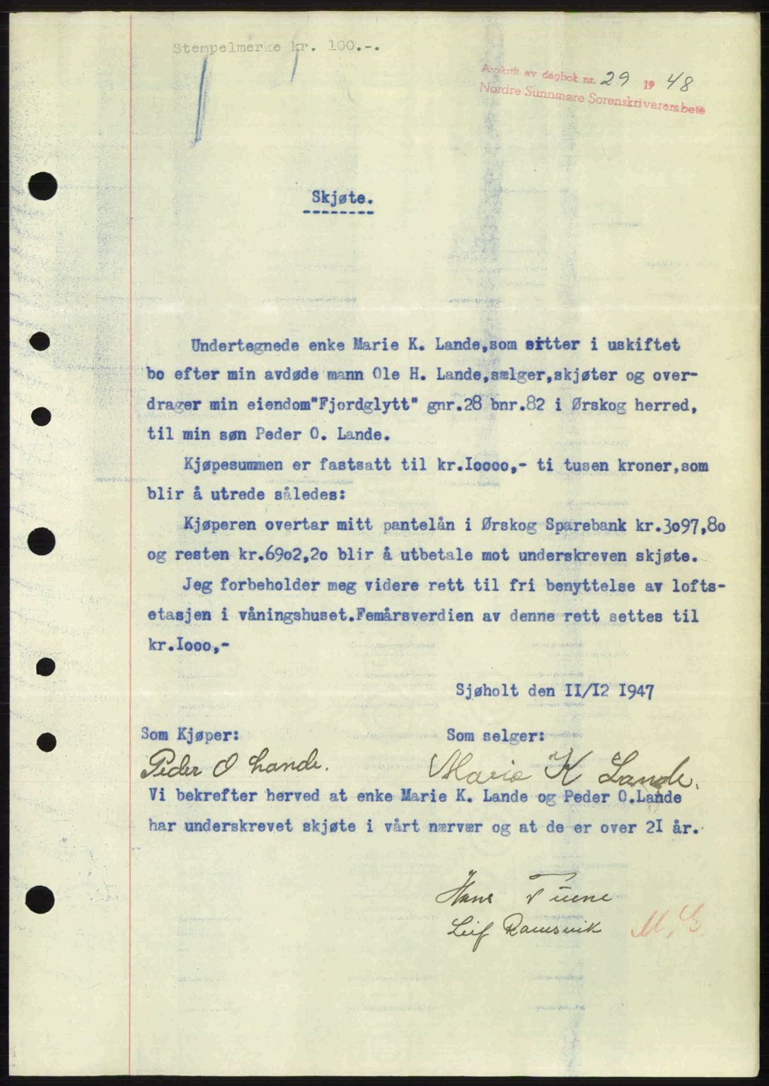 Nordre Sunnmøre sorenskriveri, AV/SAT-A-0006/1/2/2C/2Ca: Pantebok nr. A26, 1947-1948, Dagboknr: 29/1948