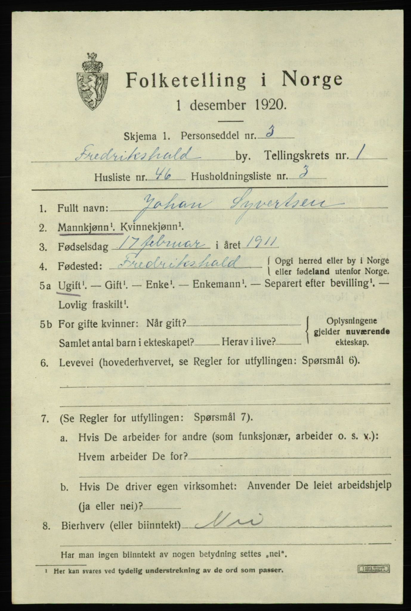 SAO, Folketelling 1920 for 0101 Fredrikshald kjøpstad, 1920, s. 9001