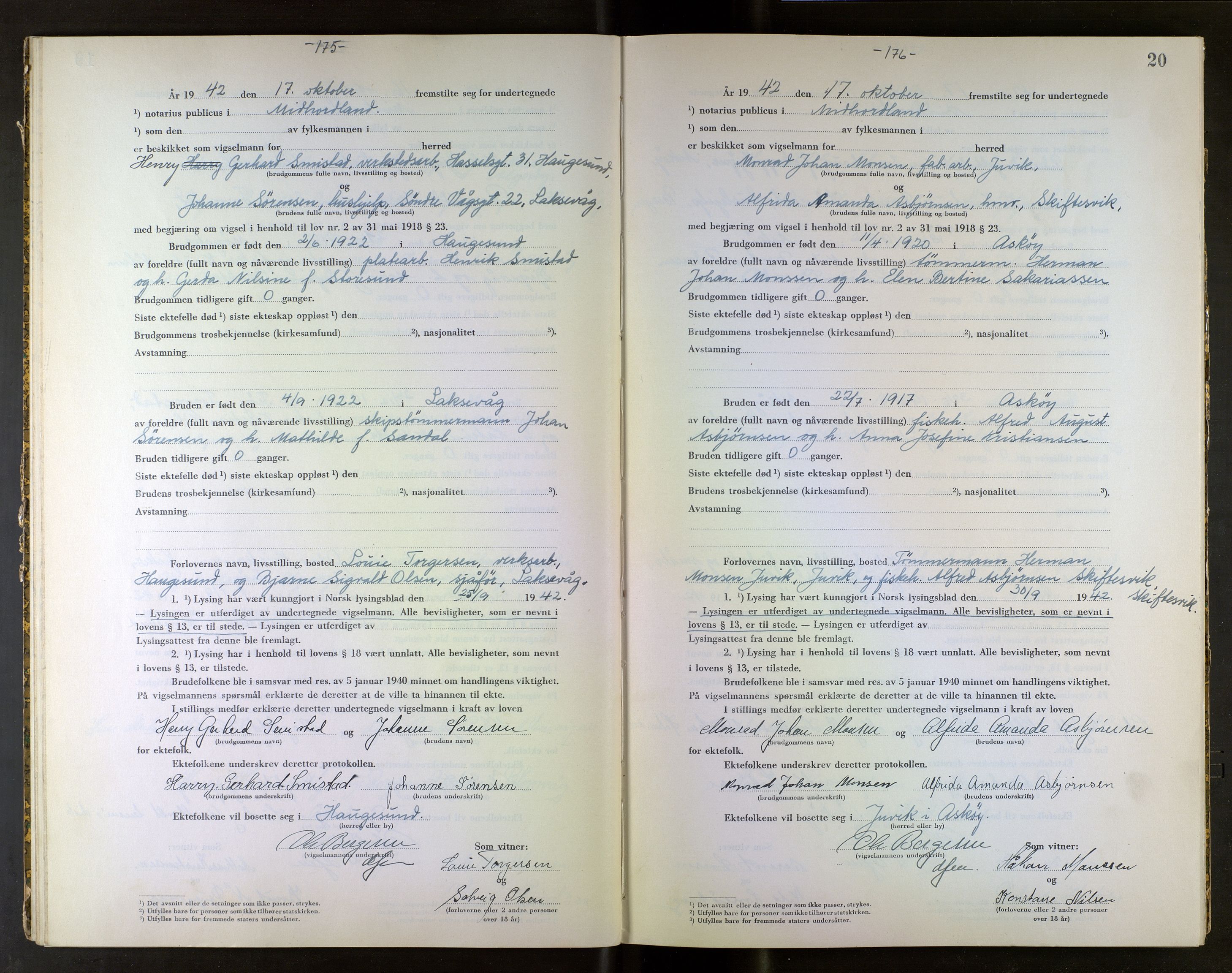 Midhordland sorenskriveri, SAB/A-3001/1/M/Mc/Mca/L0003: Notarialbilag. Vigselbøker, 1942-1943, s. 20
