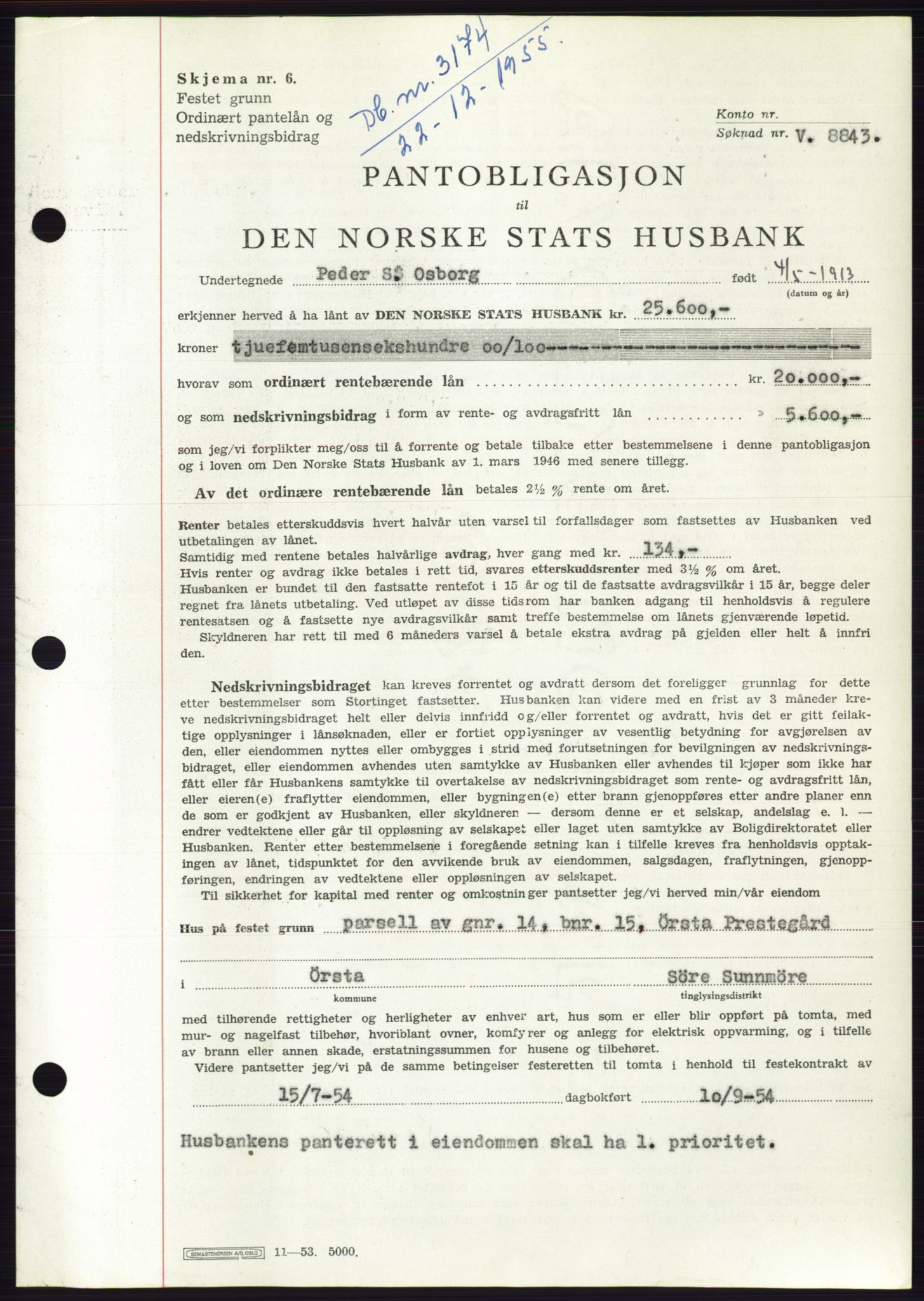 Søre Sunnmøre sorenskriveri, SAT/A-4122/1/2/2C/L0127: Pantebok nr. 15B, 1955-1955, Dagboknr: 3174/1955