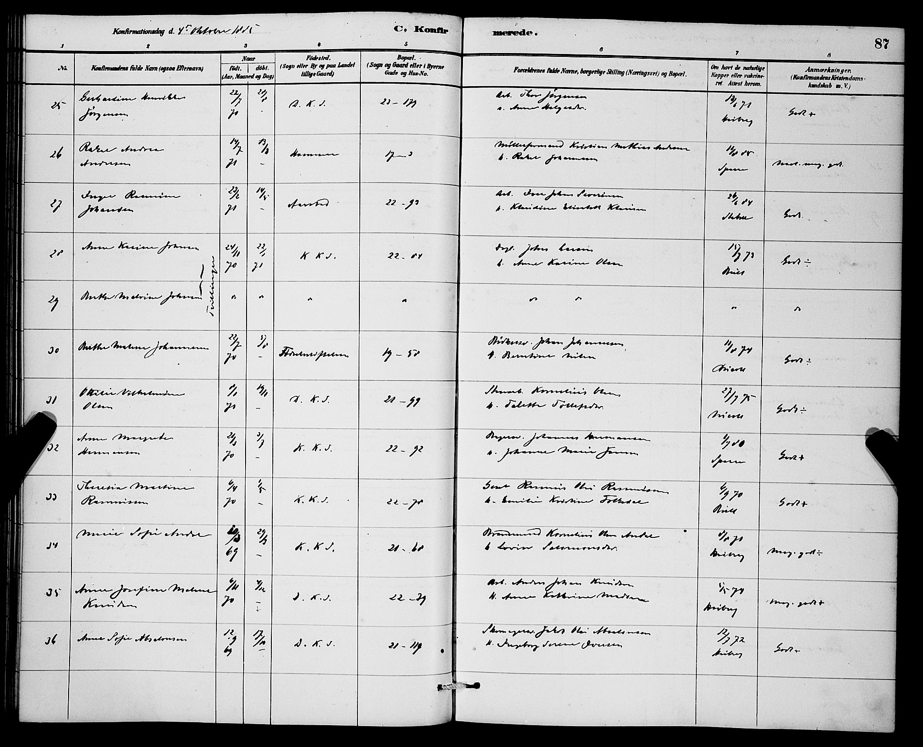 Korskirken sokneprestembete, SAB/A-76101/H/Hab: Klokkerbok nr. C 3, 1880-1892, s. 87