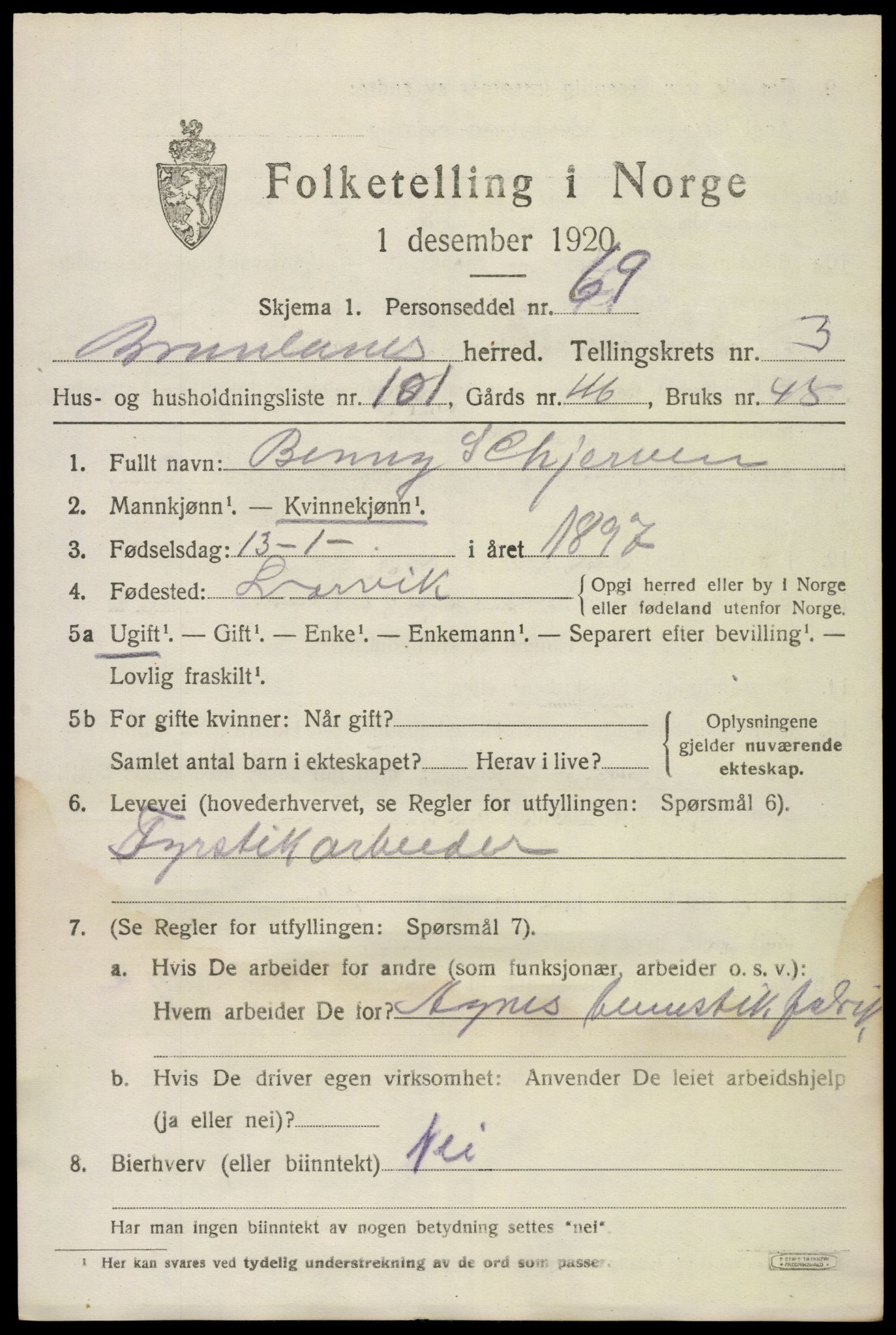 SAKO, Folketelling 1920 for 0726 Brunlanes herred, 1920, s. 6105