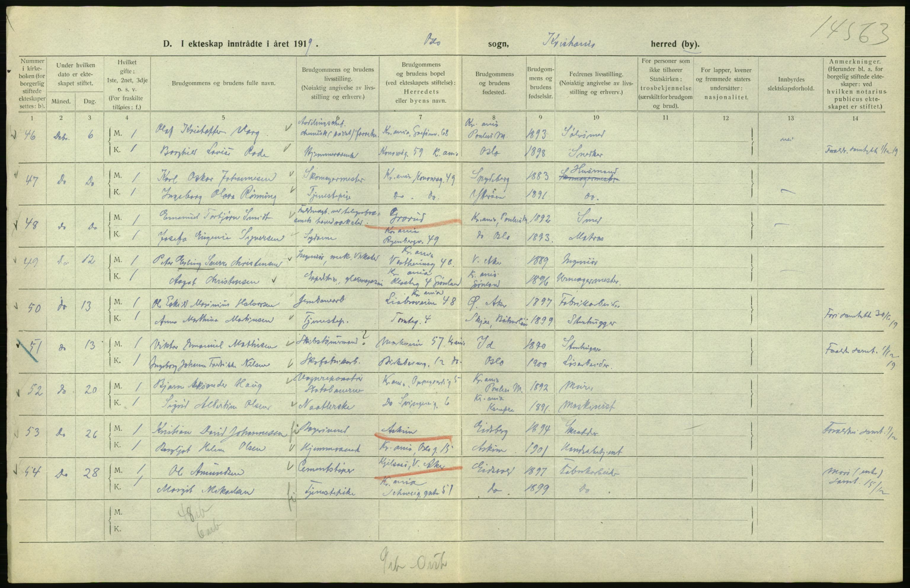 Statistisk sentralbyrå, Sosiodemografiske emner, Befolkning, AV/RA-S-2228/D/Df/Dfb/Dfbi/L0009: Kristiania: Gifte, 1919, s. 500