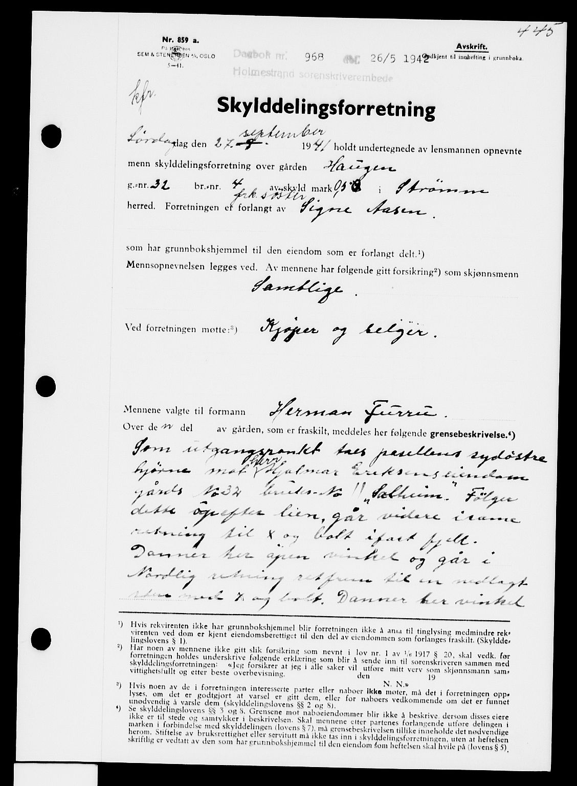 Holmestrand sorenskriveri, SAKO/A-67/G/Ga/Gaa/L0055: Pantebok nr. A-55, 1942-1942, Dagboknr: 968/1942