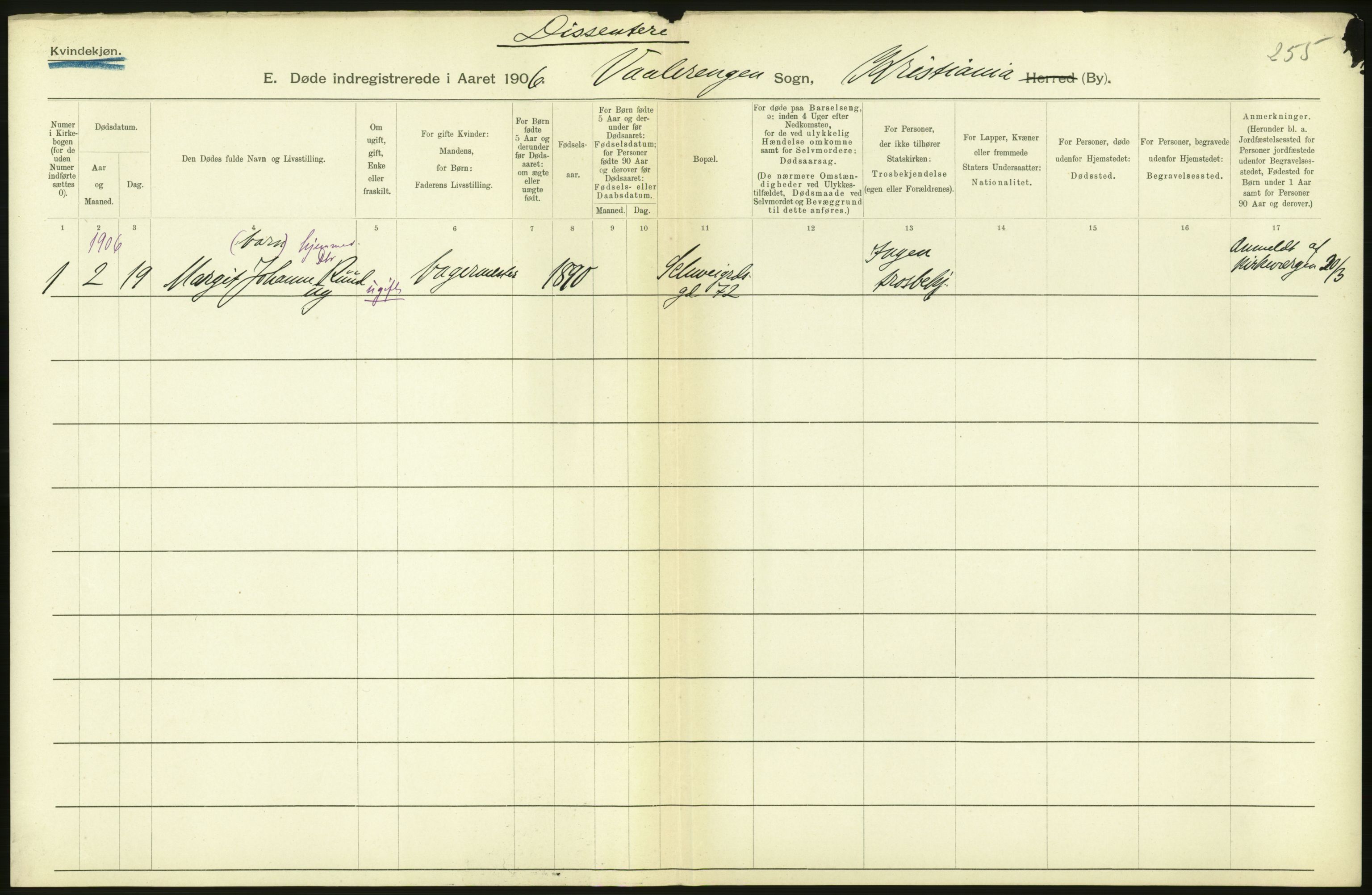 Statistisk sentralbyrå, Sosiodemografiske emner, Befolkning, AV/RA-S-2228/D/Df/Dfa/Dfad/L0009: Kristiania: Døde, 1906, s. 182