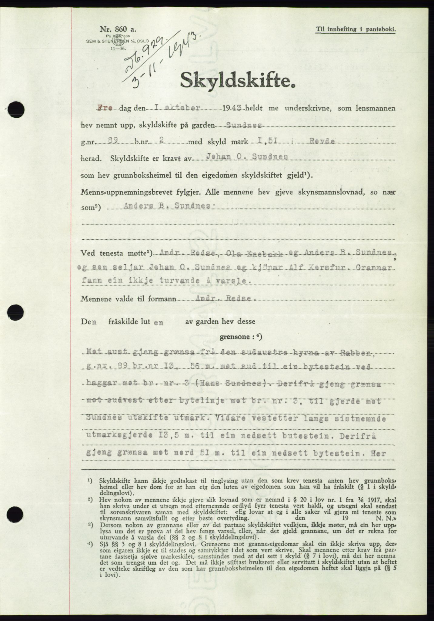 Søre Sunnmøre sorenskriveri, AV/SAT-A-4122/1/2/2C/L0075: Pantebok nr. 1A, 1943-1943, Dagboknr: 929/1943