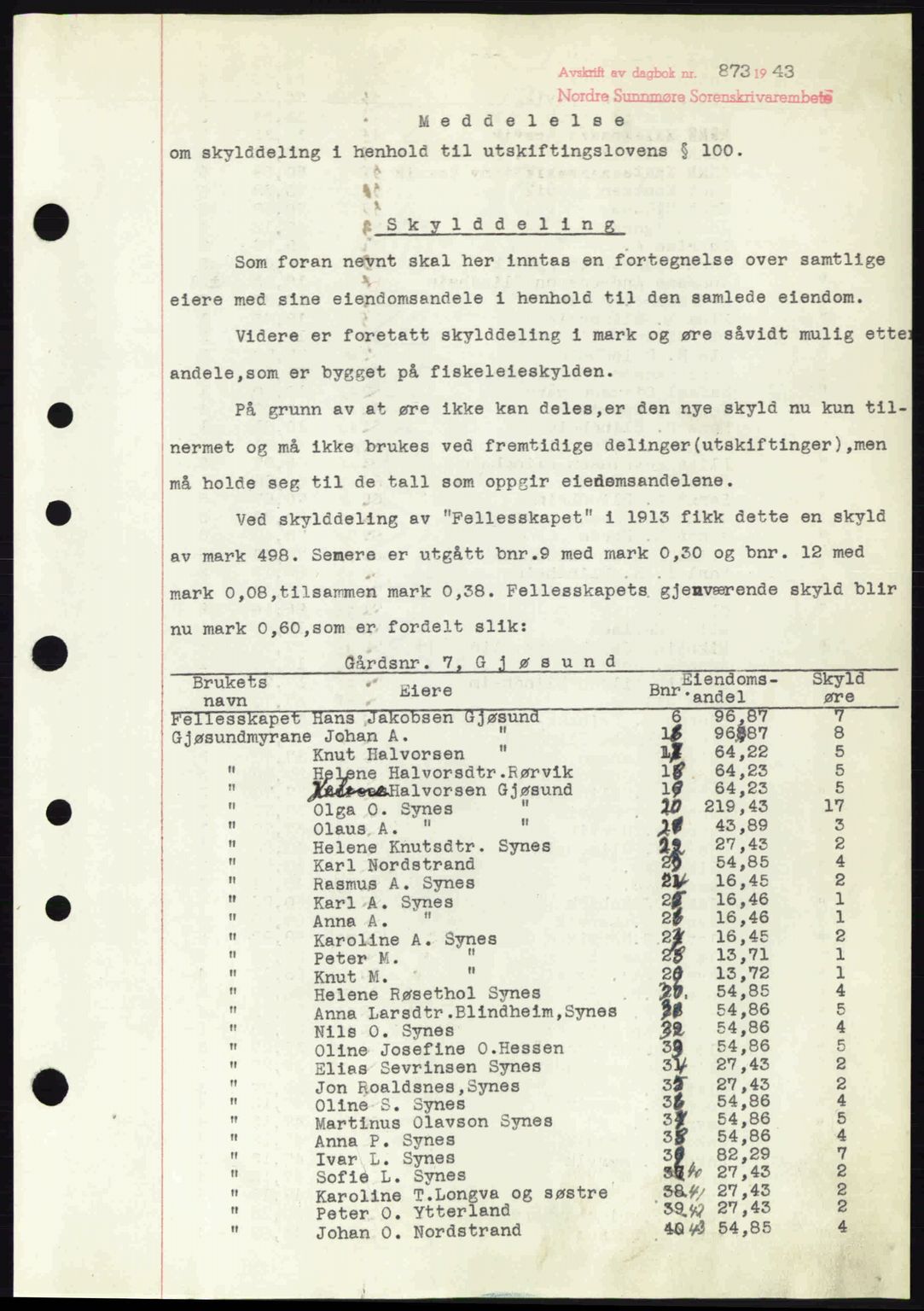 Nordre Sunnmøre sorenskriveri, SAT/A-0006/1/2/2C/2Ca: Pantebok nr. A16, 1943-1943, Dagboknr: 873/1943