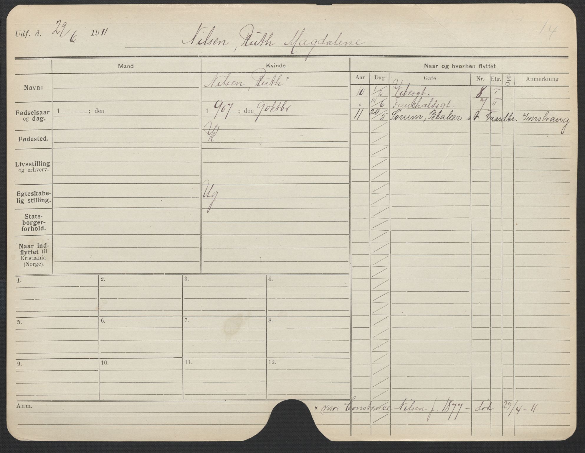 Oslo folkeregister, Registerkort, AV/SAO-A-11715/F/Fa/Fac/L0021: Kvinner, 1906-1914, s. 480a